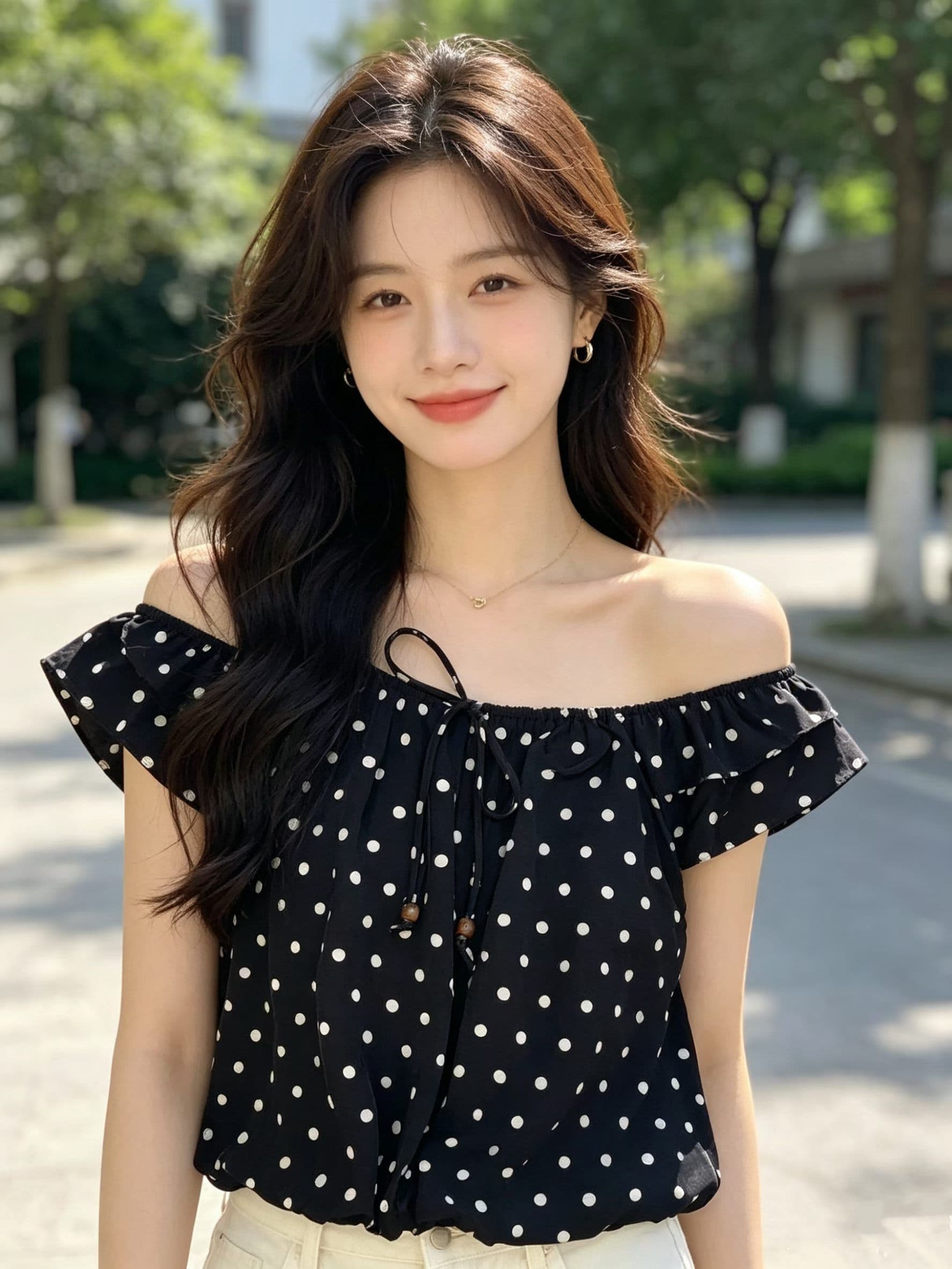작은 날다 소매 도트 무늬 레이스업 Chic 작은 셔츠 여성 고급 센스 여름 인기 오프숄더 셔츠 품격 쉬폰 톱 상세 이미지 5