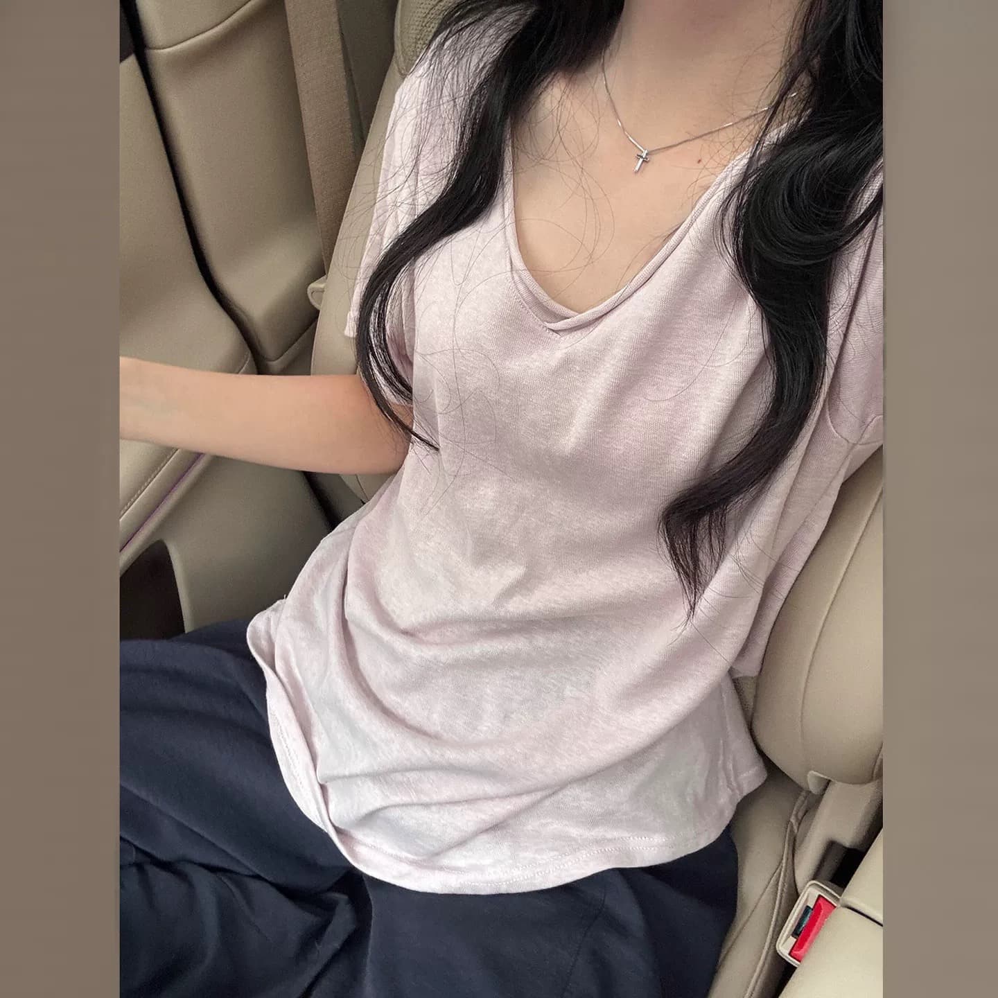 아메리칸 느슨함 눈꽃 코튼 롤 측면 티셔츠 V넥 슬림해 보이는 다용도 여름 외출용 반소매 맨위 느긋한 바람 반팔 여성 상세 이미지 4