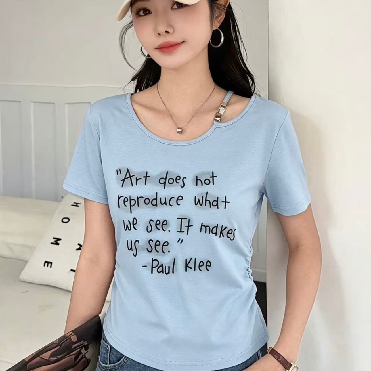 작은 키 쇼트 스타일 알파벳 프린트 티셔츠 여성 봄 여름 패션 외국 가스 몸매 가꾸기 슬림해 보이는 동정 다용도 심장 기계 맨위 t 상세 이미지 1