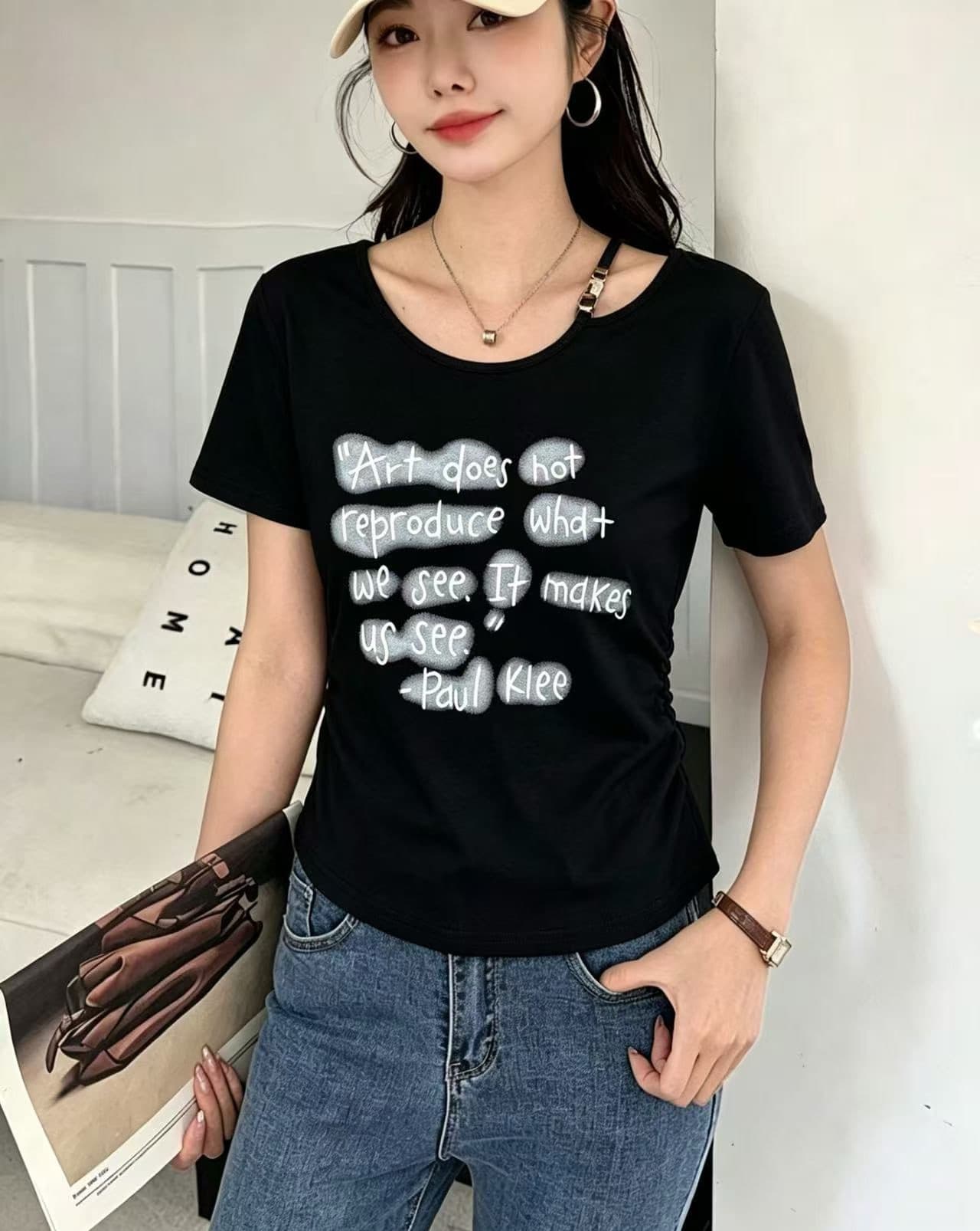 작은 키 쇼트 스타일 알파벳 프린트 티셔츠 여성 봄 여름 패션 외국 가스 몸매 가꾸기 슬림해 보이는 동정 다용도 심장 기계 맨위 t 상세 이미지 4