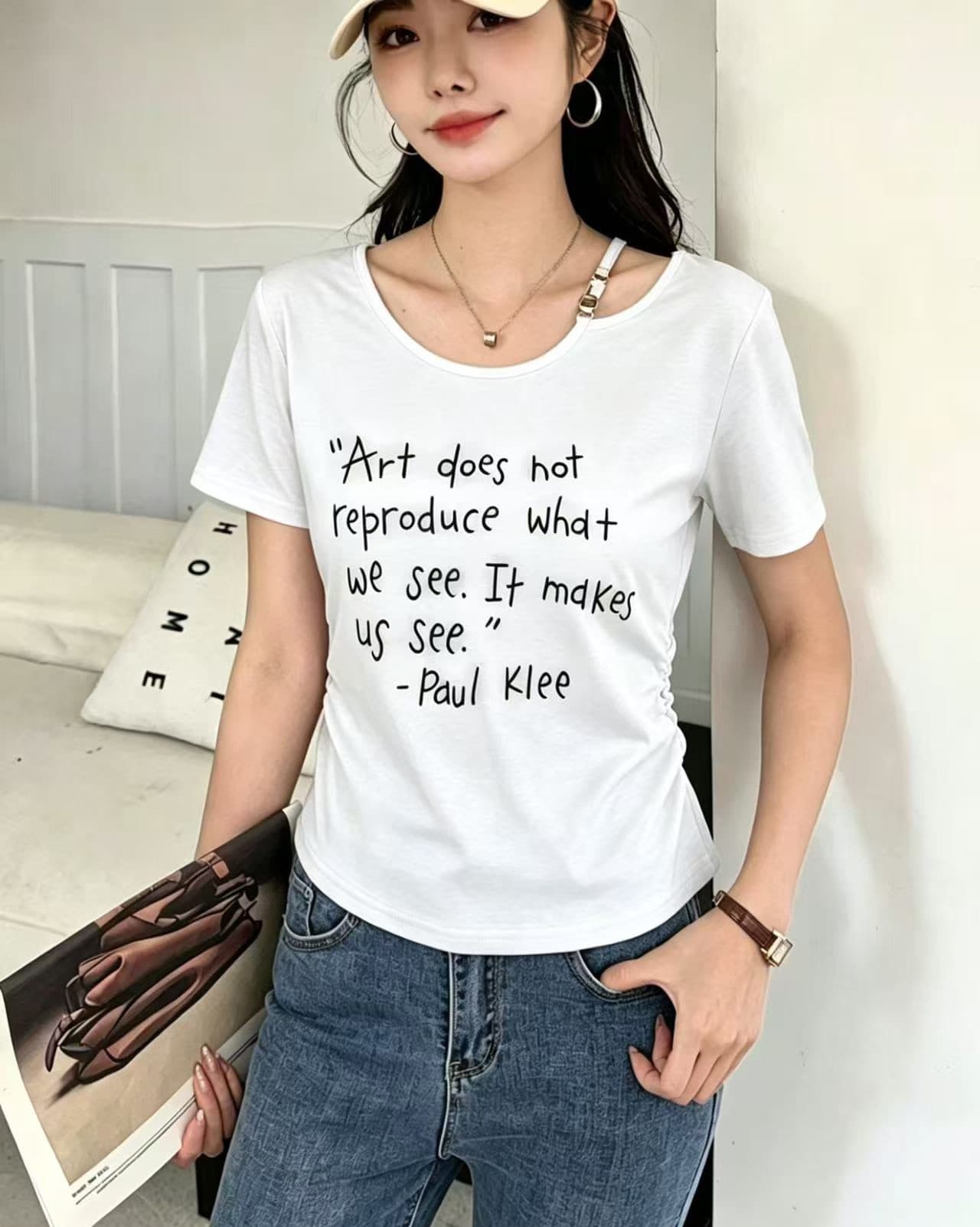 작은 키 쇼트 스타일 알파벳 프린트 티셔츠 여성 봄 여름 패션 외국 가스 몸매 가꾸기 슬림해 보이는 동정 다용도 심장 기계 맨위 t 상세 이미지 5
