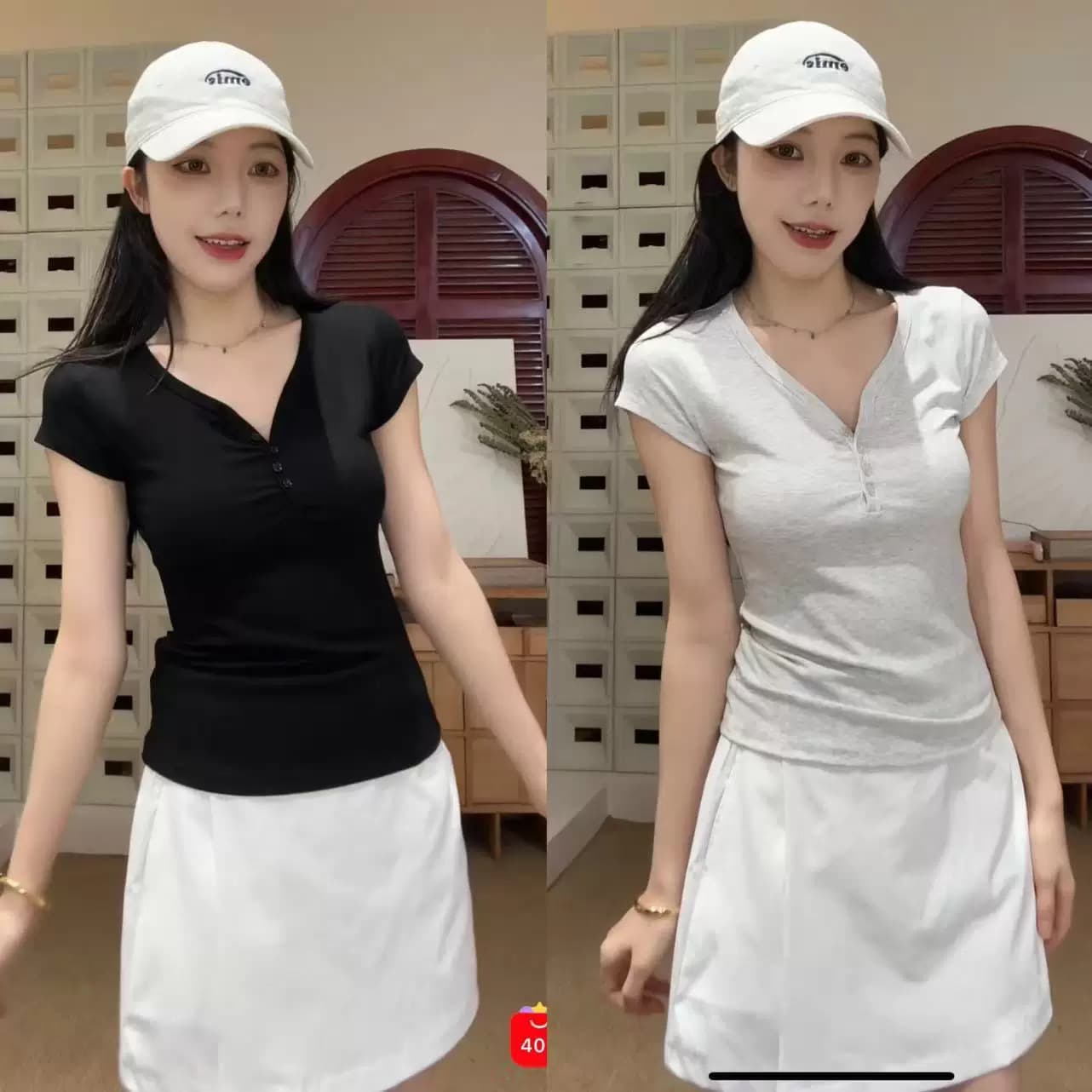 아메리칸 레트로 V넥 단추 반팔 티셔츠 여성 봄 여름 새로운 인사이드 가져 가라. 몸매 가꾸기 슬림해 보이는 쇼트 스타일 핫걸 아름다운 맨위 상세 이미지 3