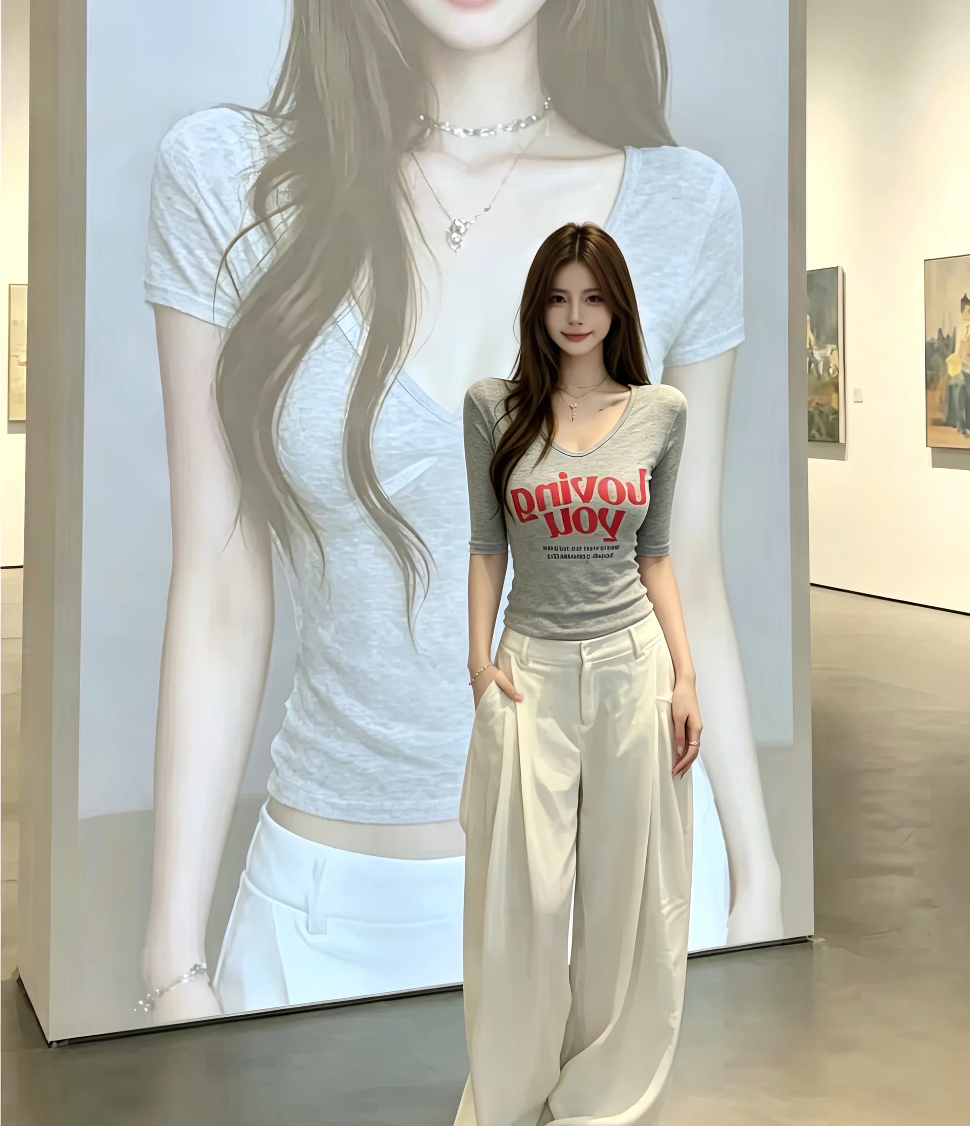 한 부서 회색 알파벳 프린트 V넥 반팔 티셔츠 여성 여름 몸매 가꾸기 슬림해 보이는 순수한 욕망 품격 아름다운 중간 소매 맨위 상세 이미지 2