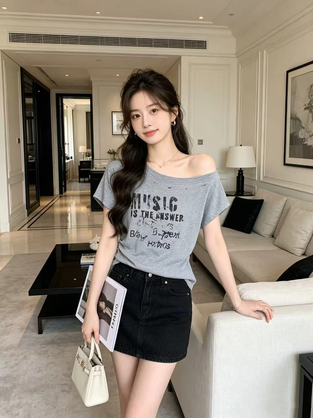 출퇴근 품격 아메리칸 레트로 알파벳 프린트 비스듬한 어깨 반팔 티셔츠 여성 여름 미니멀리즘 슬림해 보이는 다용도 맨위 상세 이미지 5