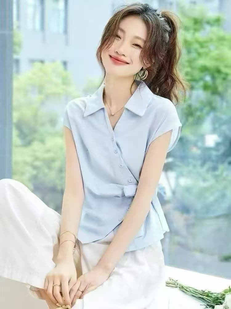 프랑스식 고급 센스 빛 럭셔리 반팔 셔츠 여성 여름 2026 새로운 불규칙 허리 수축 슬림해 보이는 품격 맨위 이미지 4