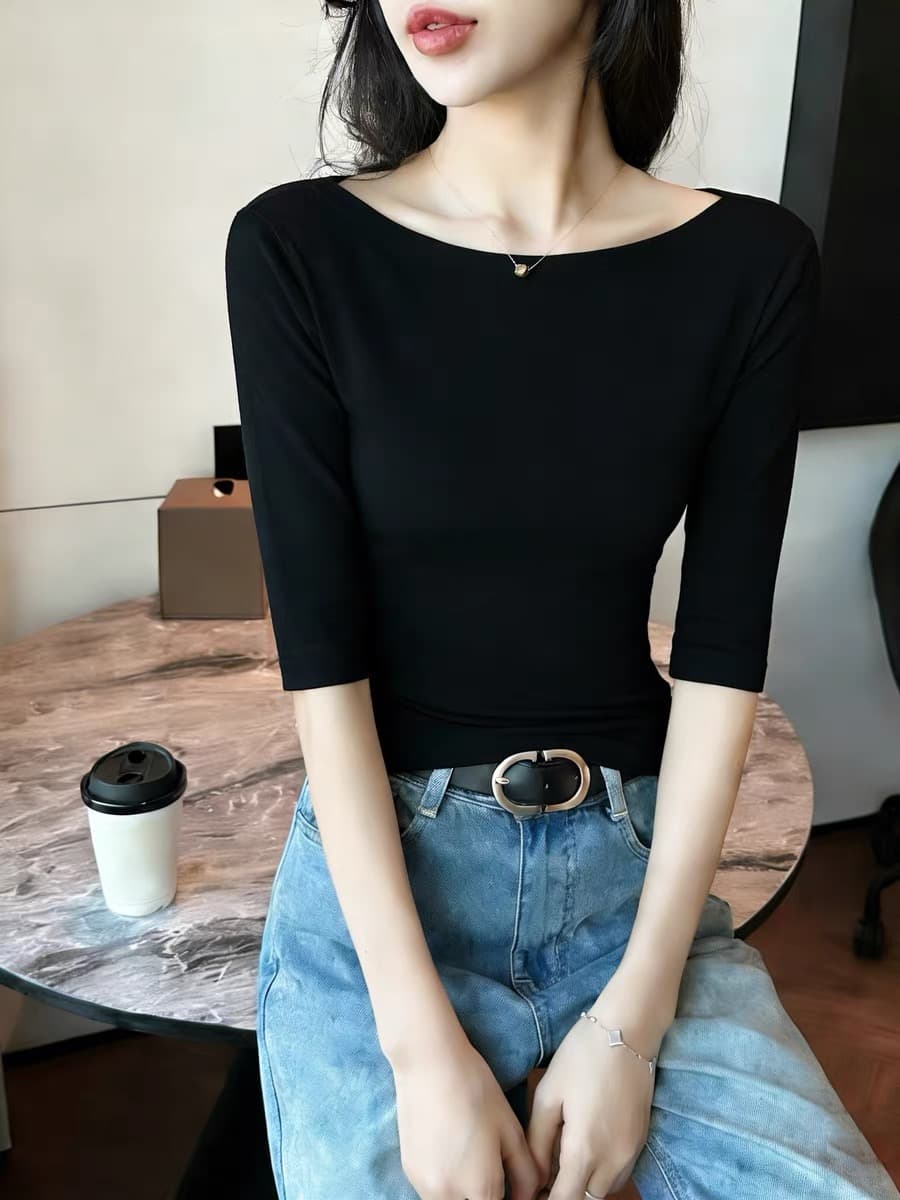 봄 여름 새로운 익스트림 제인 바람 검정색 오프숄더 중간 소매 티셔츠 여성 몸매 가꾸기 다용도 기본 셔츠 5 점 소매 맨위 이미지 4