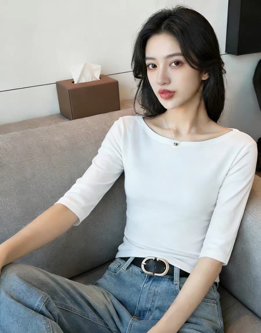 봄 여름 새로운 익스트림 제인 바람 검정색 오프숄더 중간 소매 티셔츠 여성 몸매 가꾸기 다용도 기본 셔츠 5 점 소매 맨위 상세 이미지 10