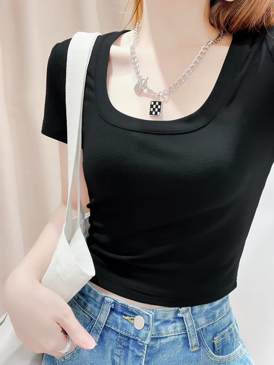 화이트 깊은 대 u 네클라인 반팔 티셔츠 여성 짧은 몸 여름 낮은 가슴 달콤한 자매 타이트 몸매 가꾸기 순수한 욕망 섹시함 맨위 상세 이미지 5
