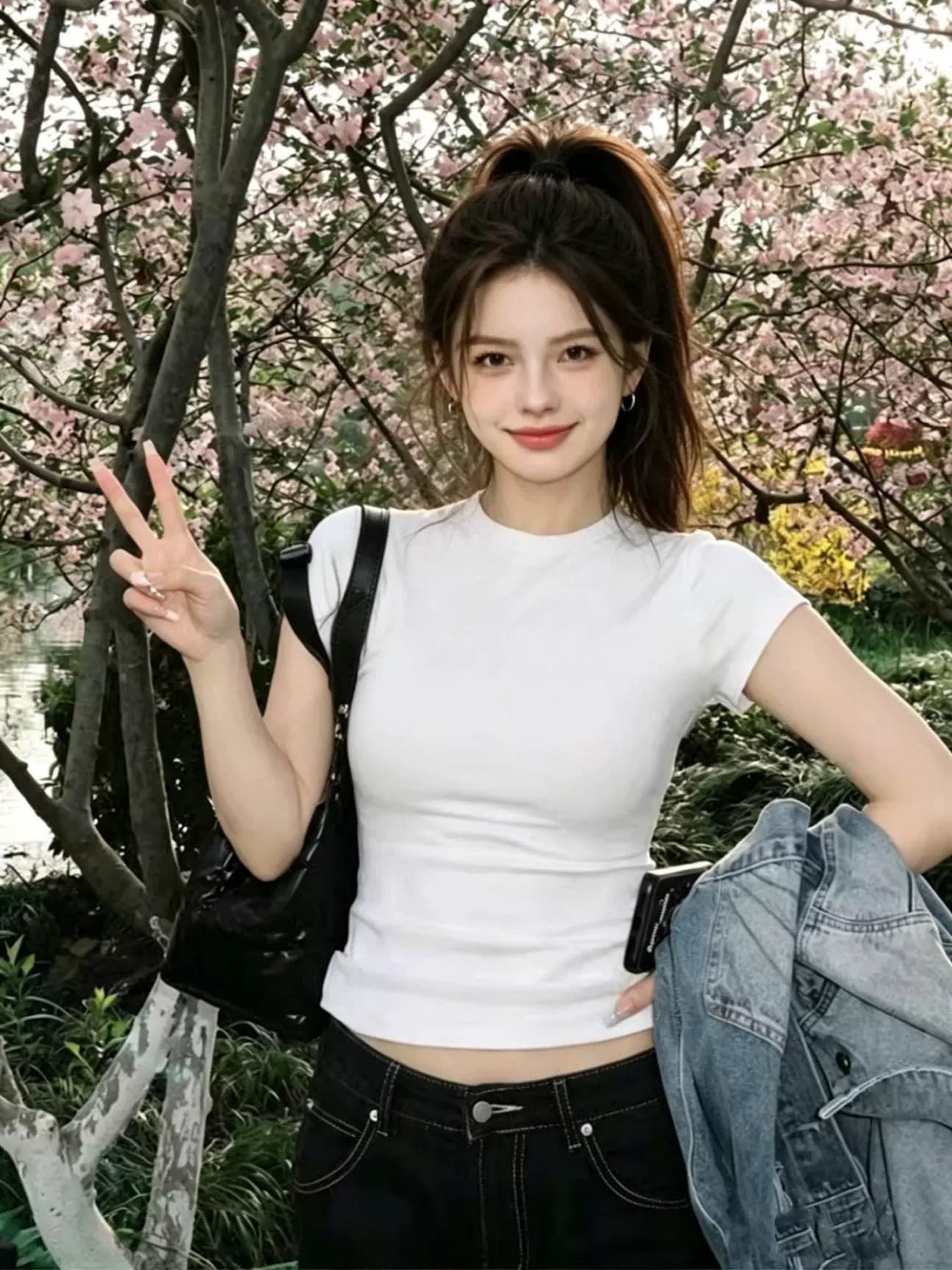 화이트 긍정적 인 어깨 라운드 넥 반팔 티셔츠 여성 여름 미니멀리즘 몸매 가꾸기 슬림해 보이는 다용도 디자인 센스 쇼트 스타일 맨위 이미지 4