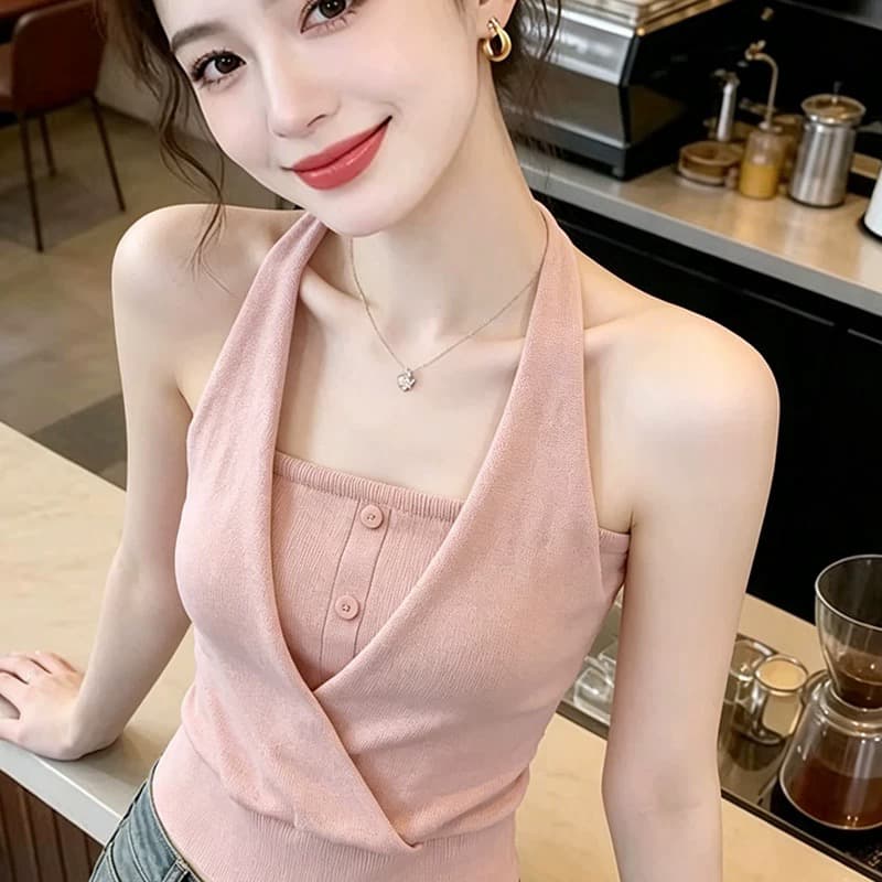 보존 섹션 추천 섹시함 행침 목 니트 캐미솔 여름 새로운 순수한 욕망 페이크 레이어드 민소매 맨위 상세 이미지 2