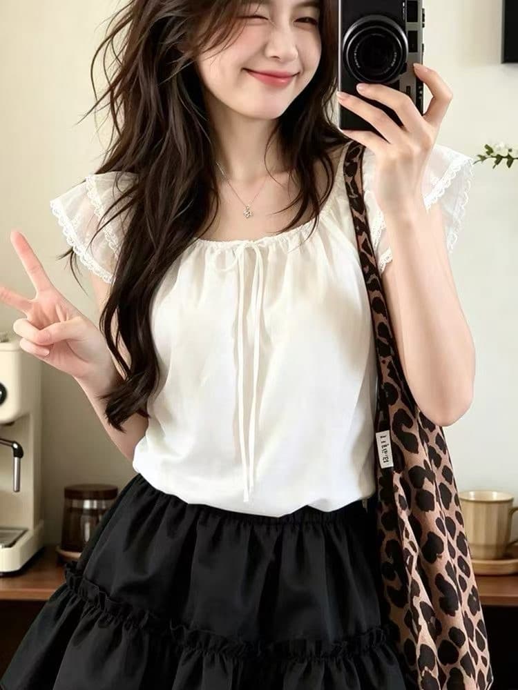레이스 레이스 광장 칼라 반팔 여성 셔츠 여름 루즈핏 핑크색 아름다운 작은 셔츠 디자인 센스 슬림해 보이는 오프숄더 맨위 이미지 3