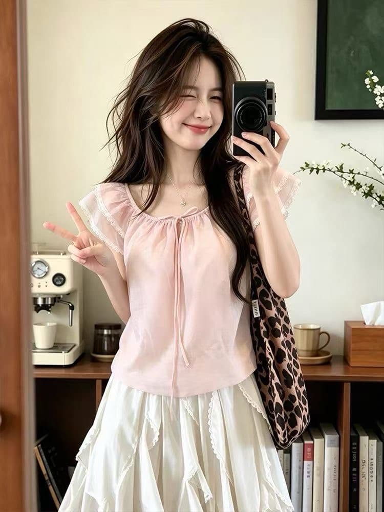 레이스 레이스 광장 칼라 반팔 여성 셔츠 여름 루즈핏 핑크색 아름다운 작은 셔츠 디자인 센스 슬림해 보이는 오프숄더 맨위 이미지 4