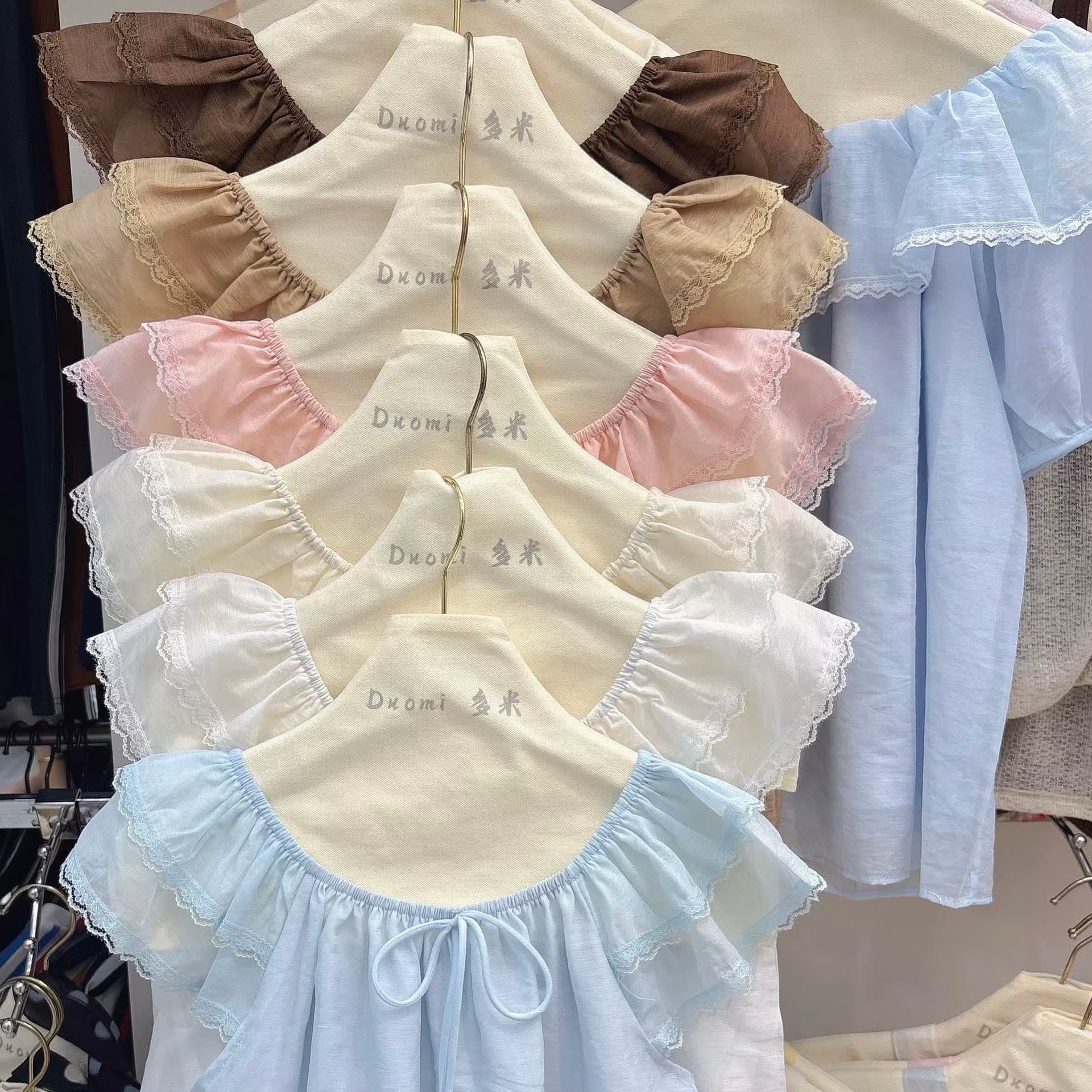 레이스 레이스 광장 칼라 반팔 여성 셔츠 여름 루즈핏 핑크색 아름다운 작은 셔츠 디자인 센스 슬림해 보이는 오프숄더 맨위 이미지 5