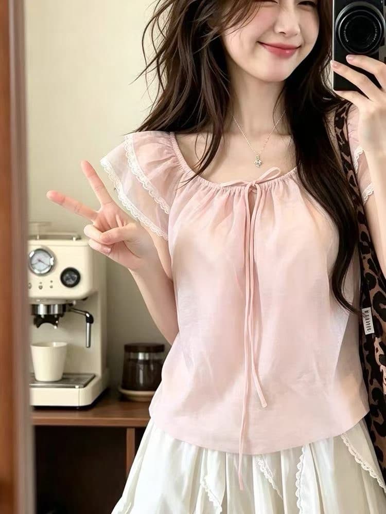 레이스 레이스 광장 칼라 반팔 여성 셔츠 여름 루즈핏 핑크색 아름다운 작은 셔츠 디자인 센스 슬림해 보이는 오프숄더 맨위 상세 이미지 2