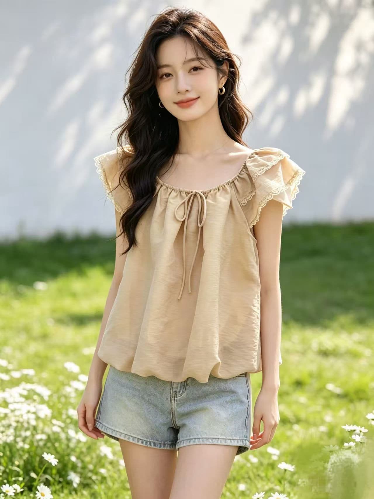 레이스 레이스 광장 칼라 반팔 여성 셔츠 여름 루즈핏 핑크색 아름다운 작은 셔츠 디자인 센스 슬림해 보이는 오프숄더 맨위 상세 이미지 5