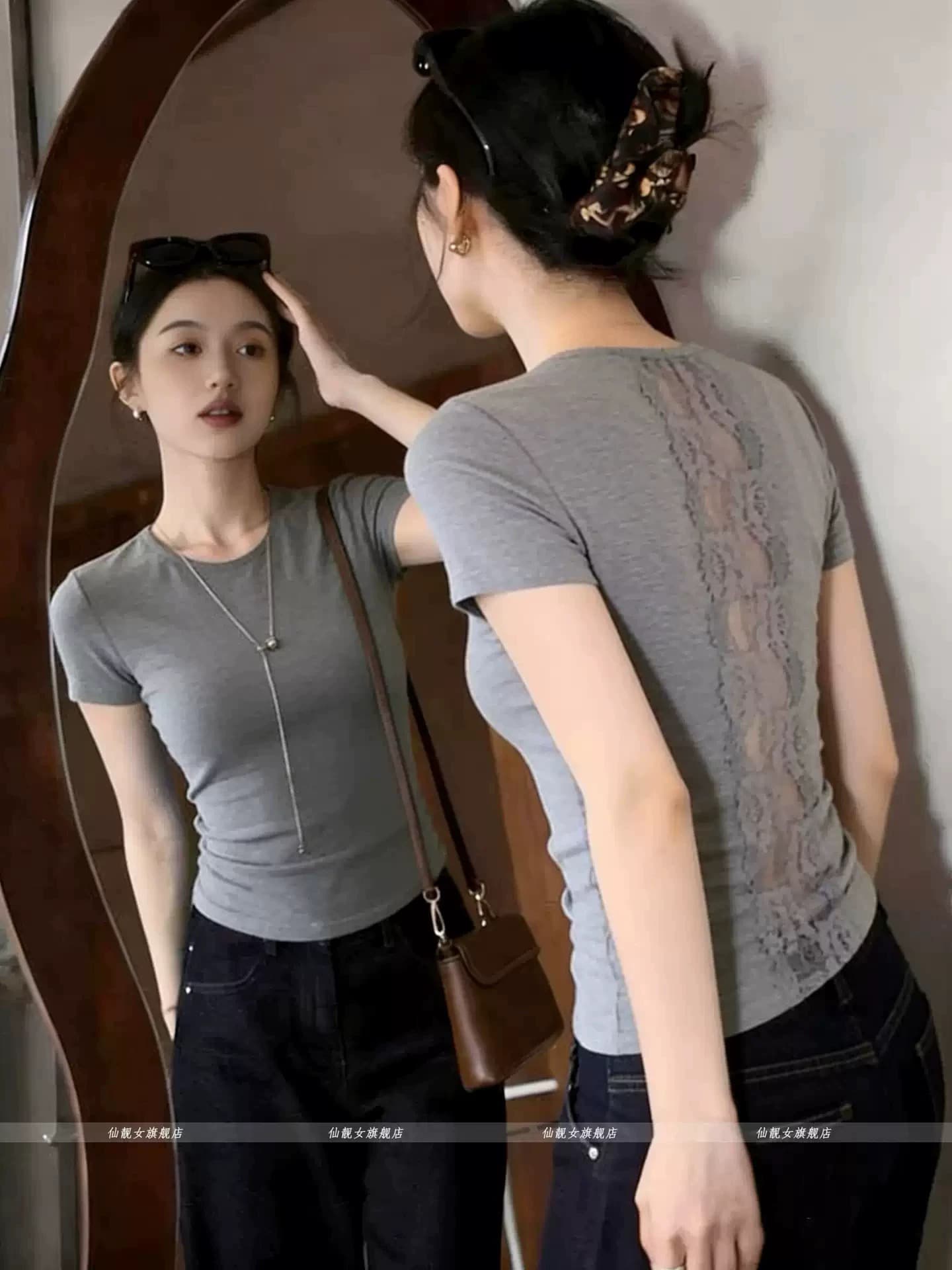 자이언트 잘 생긴 ~ 중 뒤로 홀로우 아웃 반팔 티셔츠 여성 여름 새로운 회색 핫걸 몸매 가꾸기 레이스 레이스 맨위 여성 상세 이미지 1
