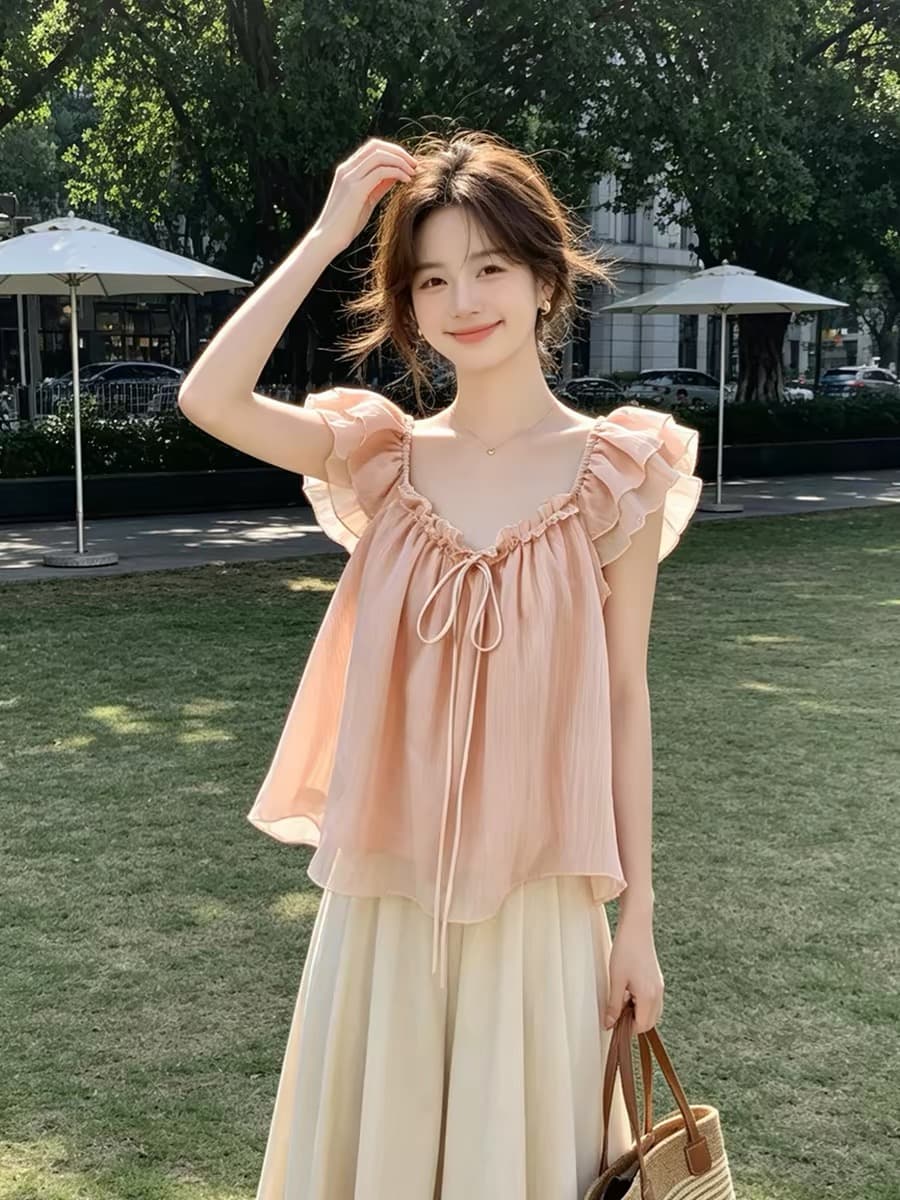 소녀 핑크색 목이버섯 나비 넥타이 작은 날다 소매 여성 셔츠 여름 얇은 스타일 쉬폰 블라우스 품격 부드러운 맨위 상세 이미지 1