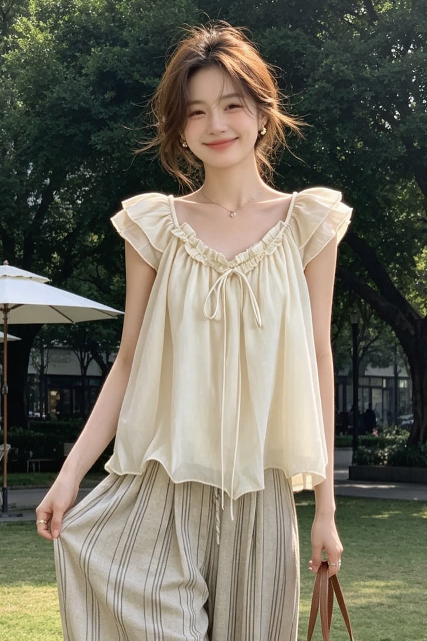 소녀 핑크색 목이버섯 나비 넥타이 작은 날다 소매 여성 셔츠 여름 얇은 스타일 쉬폰 블라우스 품격 부드러운 맨위 상세 이미지 3