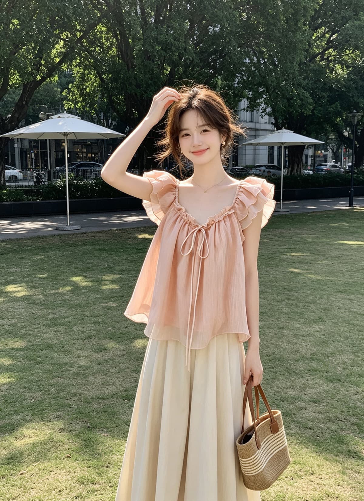 소녀 핑크색 목이버섯 나비 넥타이 작은 날다 소매 여성 셔츠 여름 얇은 스타일 쉬폰 블라우스 품격 부드러운 맨위 상세 이미지 5