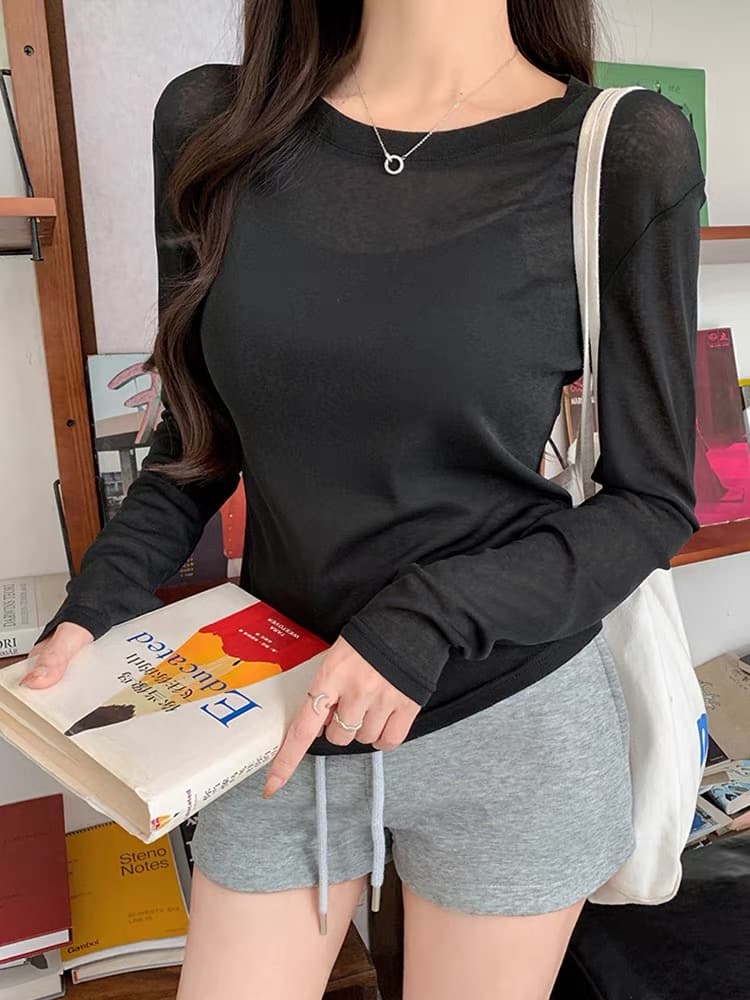 얇은 스타일 얼음 실크 자외선 차단 블라우스 긴팔 티셔츠 여성 여름 새로운 한국 스타일 미니멀리즘 캐주얼 다용도 에어컨 맨위 ins 상세 이미지 3
