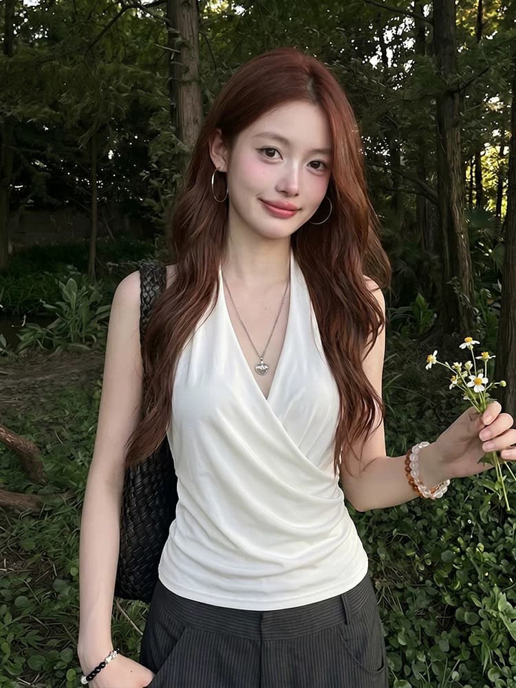 프랑스식 디자인 센스 화이트 행침 목 캐미솔 여름 품격 십자가 허리 수축 슬림해 보이는 외출용 핫걸 맨위 상세 이미지 2