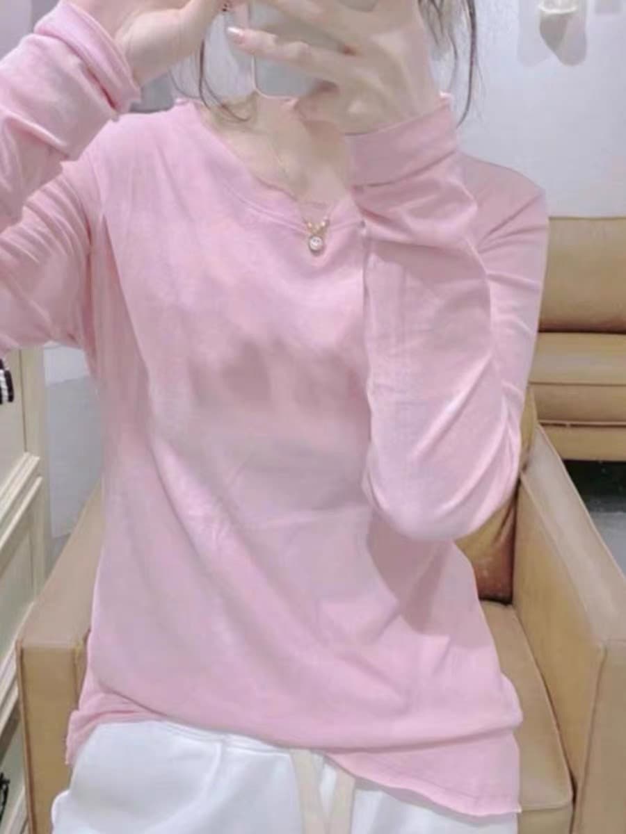 순면 긍정적 인 어깨 슈퍼 잘 생긴 유럽 상품 긴팔 티셔츠 여성 2026 봄 새로운 수 있습니다. 외출용 얇은 스타일 동정 맨위 ins 상세 이미지 4