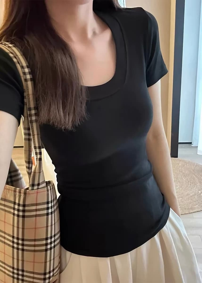 해군 u 칼라 반팔 티셔츠 여성 여름 몸매 가꾸기 슬림해 보이는 기초 만나는 인사이드 가져 가라. 긍정적 인 어깨 의류 상세 이미지 4