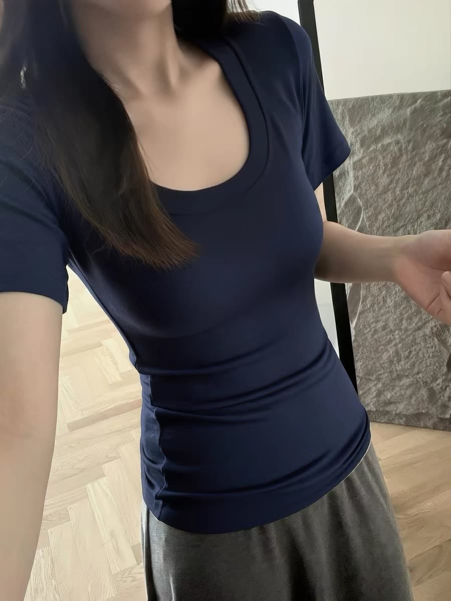 해군 u 칼라 반팔 티셔츠 여성 여름 몸매 가꾸기 슬림해 보이는 기초 만나는 인사이드 가져 가라. 긍정적 인 어깨 의류 상세 이미지 5