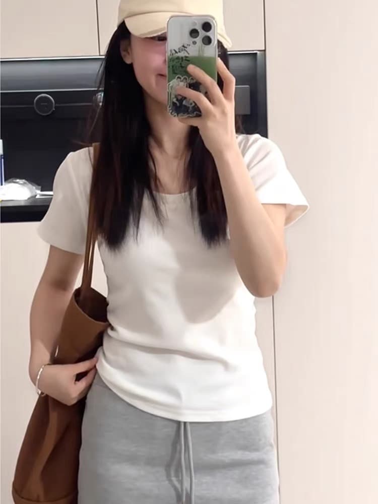 한 부서 화이트 u 칼라 순면 긍정적 인 어깨 반팔 티셔츠 여성 여름 다용도 몸매 가꾸기 슬림해 보이는 만나는 맨위 상세 이미지 3