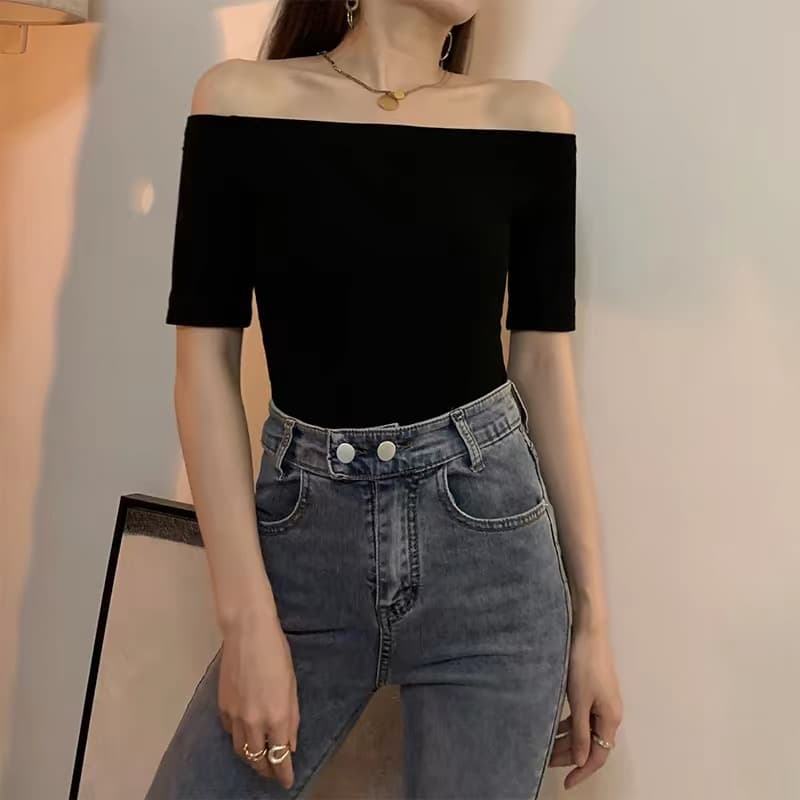 검정색 오프숄더 티셔츠 여성 여름 26 새로운 몸매 가꾸기 디자인 센스 작은 대중 반팔 순수한 욕망 쇄골 오프숄더 맨위 상세 이미지 3