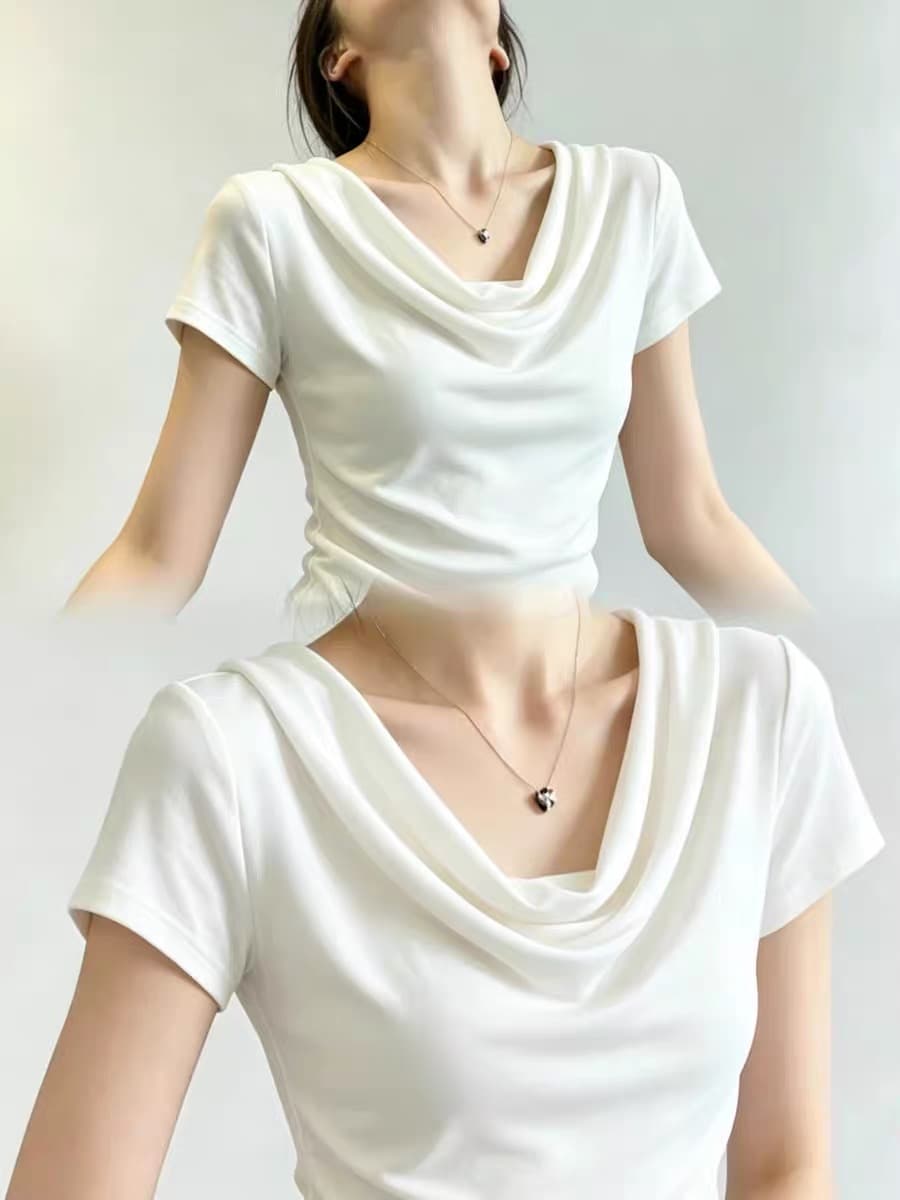 빛 요리 한 검정색 흔들다 칼라 반팔 티셔츠 여성 2026 여름 고급 센스 다시 a 다시 바람의 소리 맨위 아름다운 서리가 내린 부서 착용 가져 가라. 상세 이미지 5
