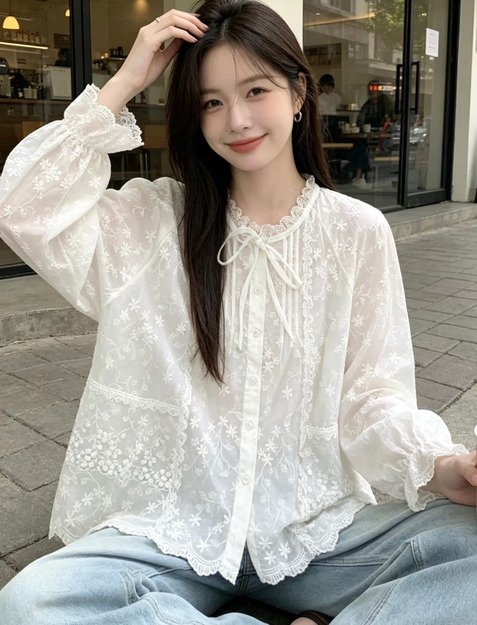 프랑스식 고급 센스 레이스 레이스 칼라 반팔 여성 셔츠 여름 새로운 2026 레이스업 외국 가스 슬림해 보이는 셔츠 트렌디 상세 이미지 1