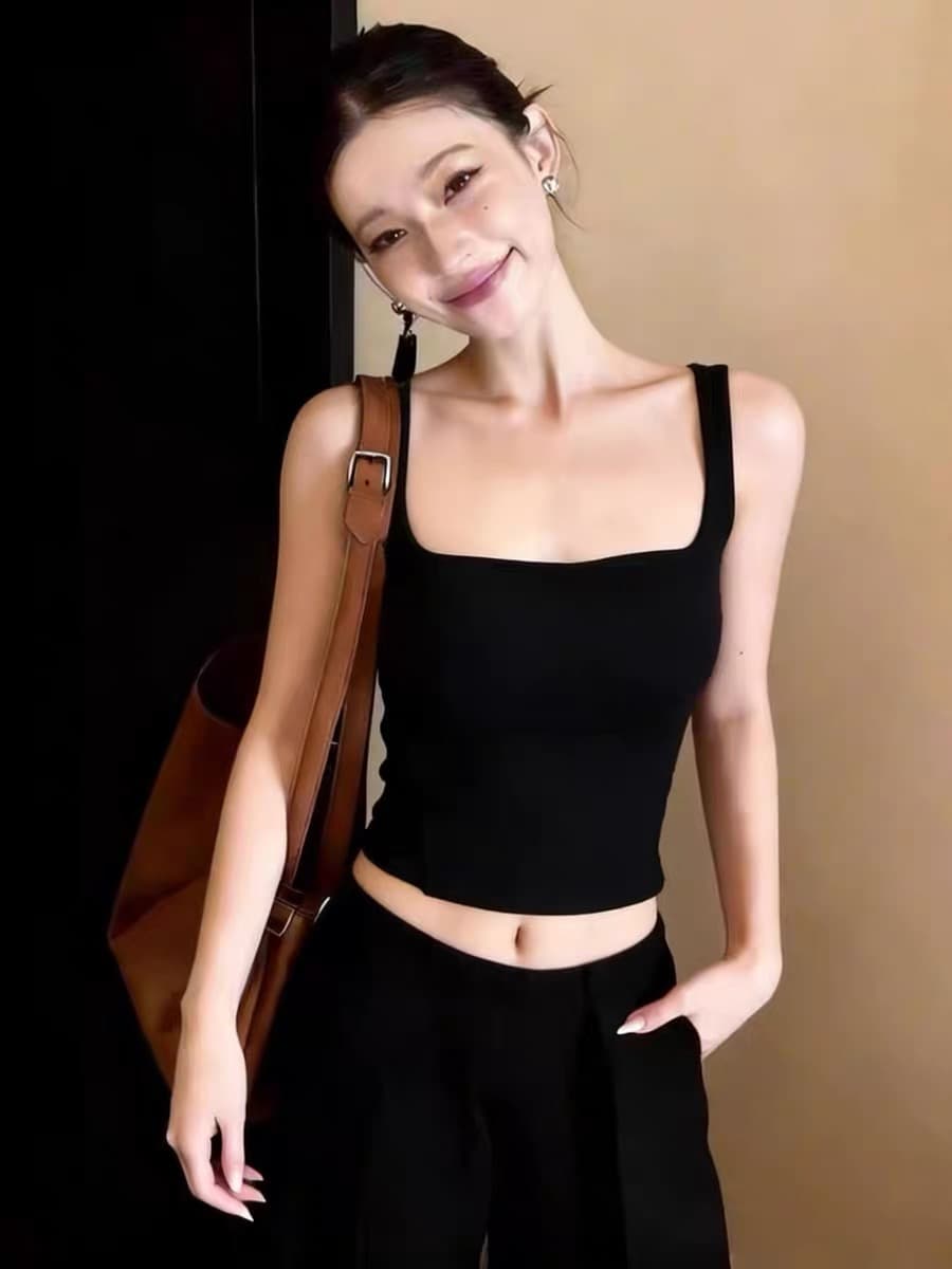 좋은 여름 분위기 센스 ~ 중 조끼 순수한 욕망 익스트림 제인 바람 슬립 여성 여름 벨트 가슴 패드 광장 칼라 슬림해 보이는 쇼트 스타일 맨위 상세 이미지 1
