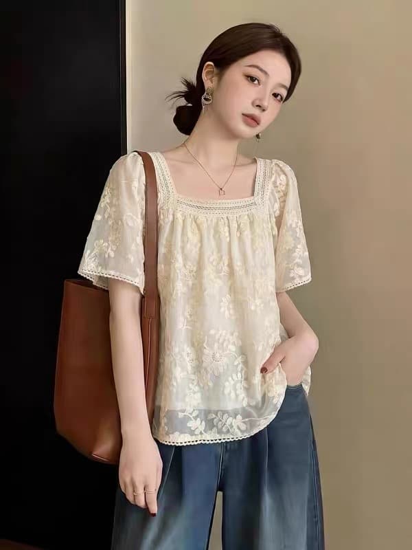 프랑스식 레이스 자수 광장 칼라 긍정적 인 어깨 반팔 시폰 셔츠 여성 2026 여름 새로운 지방 mm 인형 셔츠 맨위 상세 이미지 1