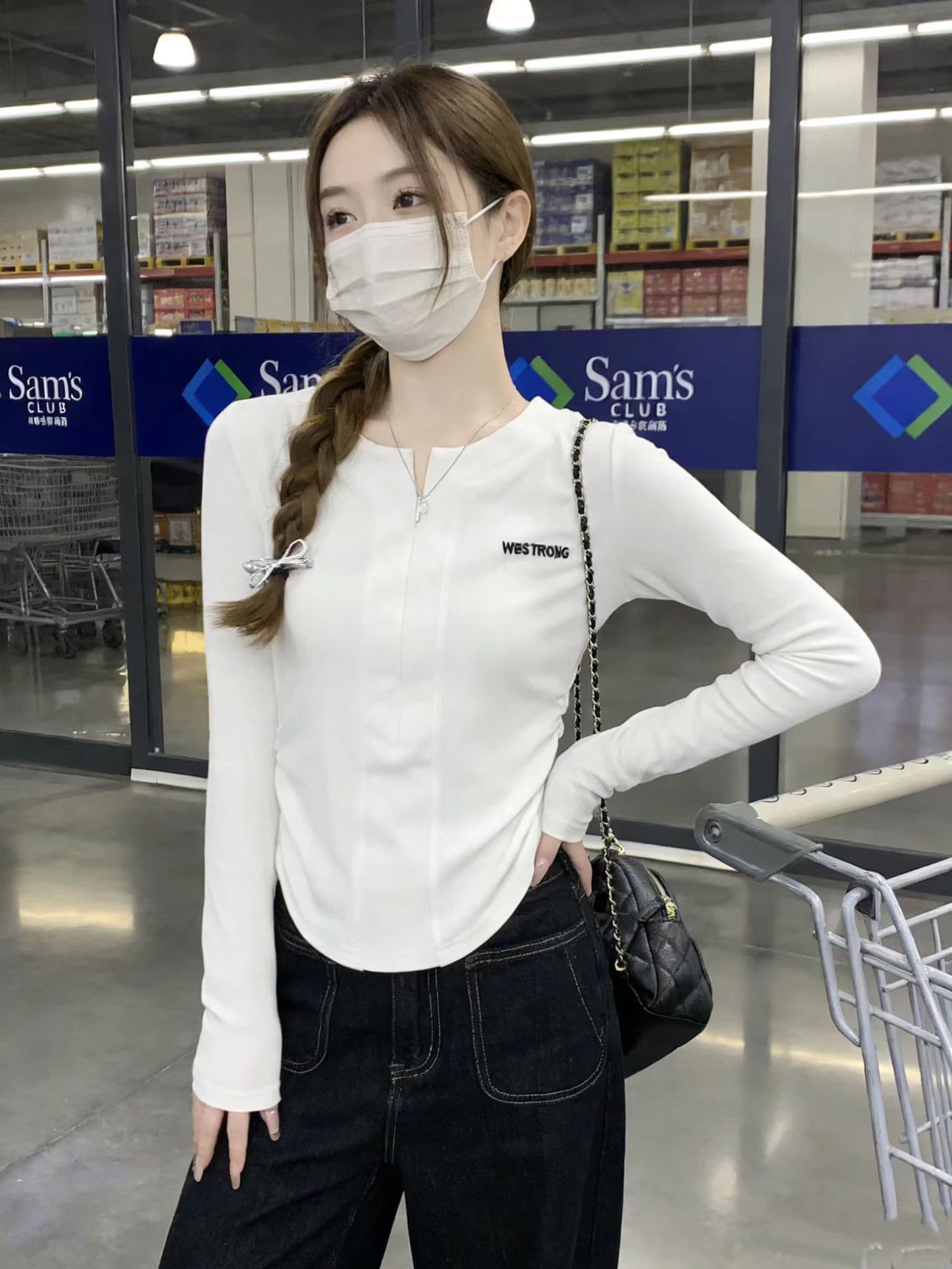 한국 동대문 알파벳 자수 단색 半拉 체인 길이 소매 티셔츠 여성 봄 가을 몸매 가꾸기 신축성 기본 셔츠 맨위 상세 이미지 1