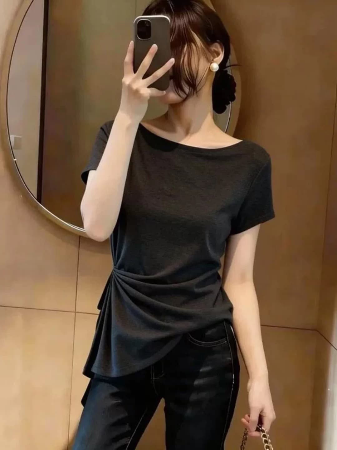 캐주얼 바람 고유 한 클래식 섹션 절묘한 비대칭 주름 반팔 티셔츠 몸매 가꾸기 슬림해 보이는 디자인 센스 품격 맨위 이미지 3