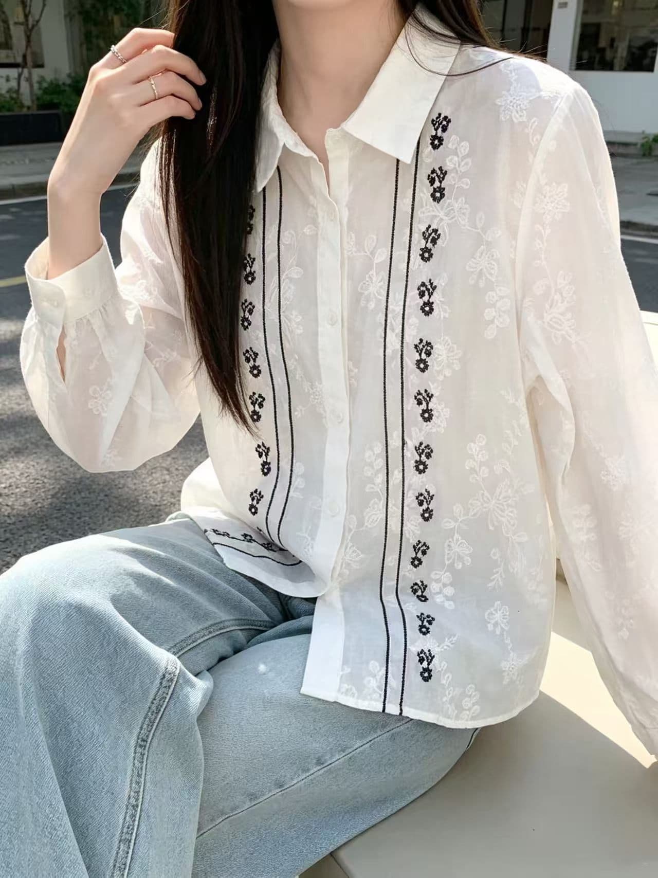 가을 새로운 루즈핏 자수 긴팔 화이트 여성 셔츠 순면 미니멀리즘 문예 레트로 폴로 칼라 만나는 맨위 봄 이미지 4