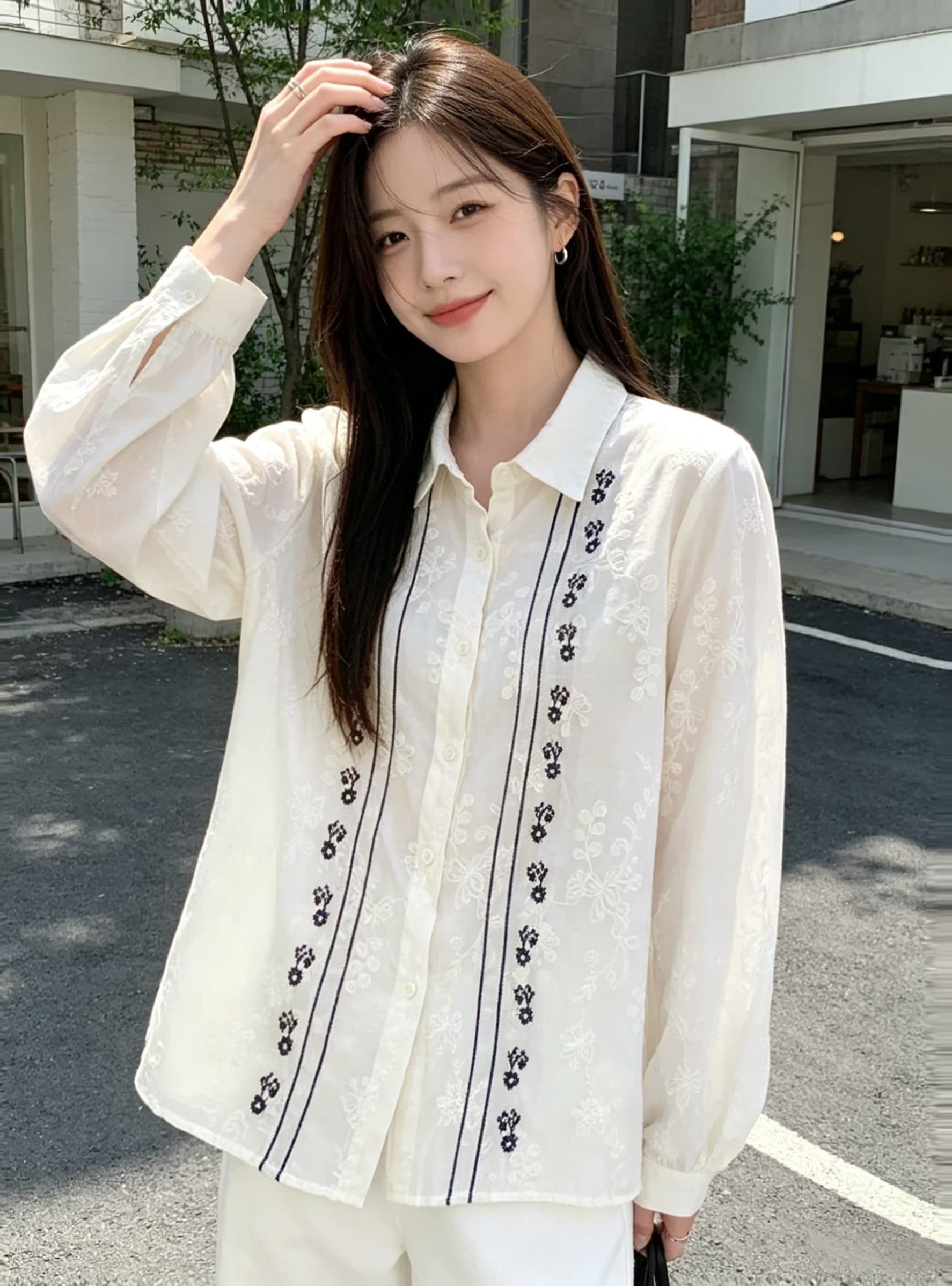 가을 새로운 루즈핏 자수 긴팔 화이트 여성 셔츠 순면 미니멀리즘 문예 레트로 폴로 칼라 만나는 맨위 봄 상세 이미지 2