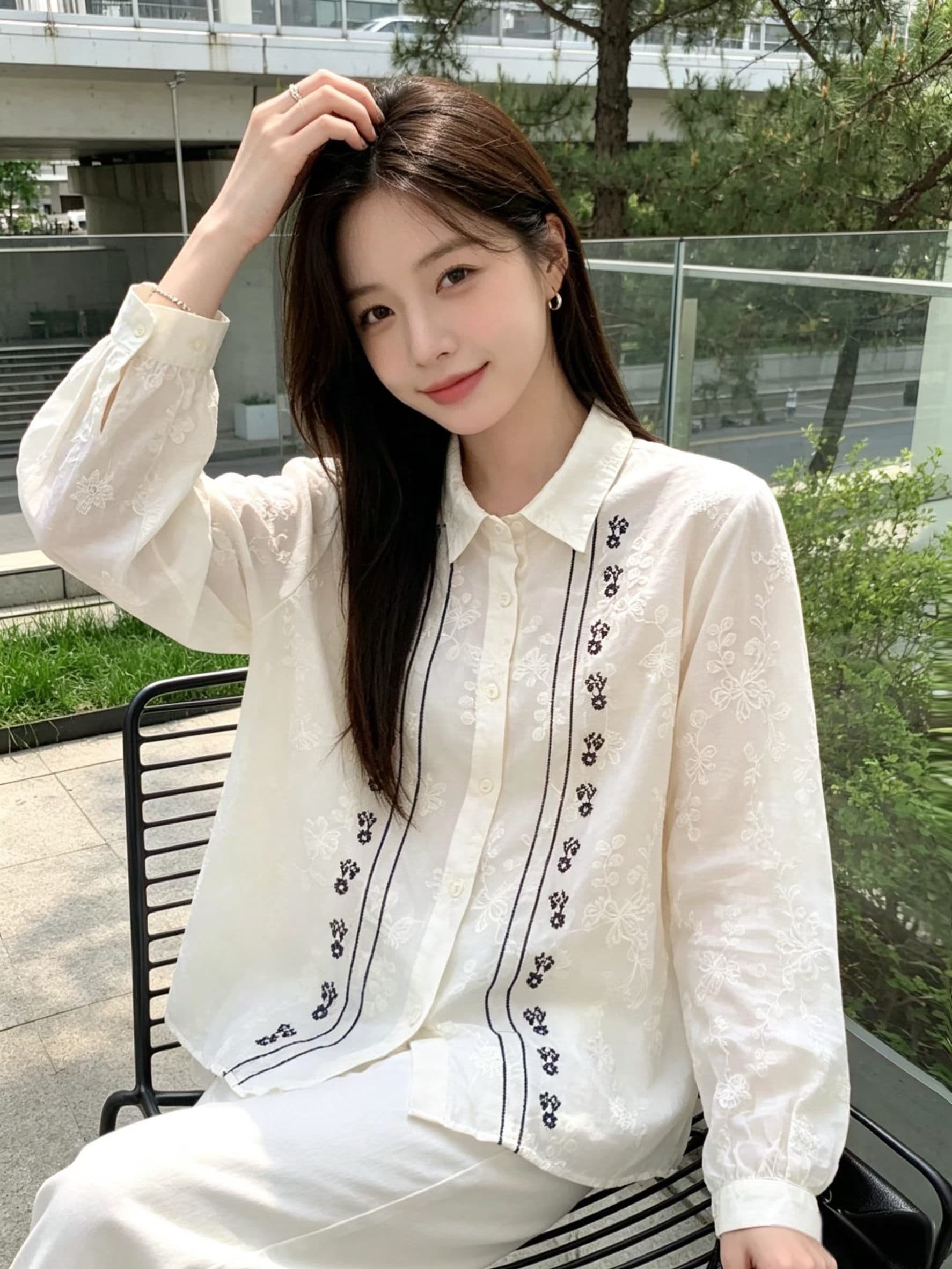 가을 새로운 루즈핏 자수 긴팔 화이트 여성 셔츠 순면 미니멀리즘 문예 레트로 폴로 칼라 만나는 맨위 봄 상세 이미지 3