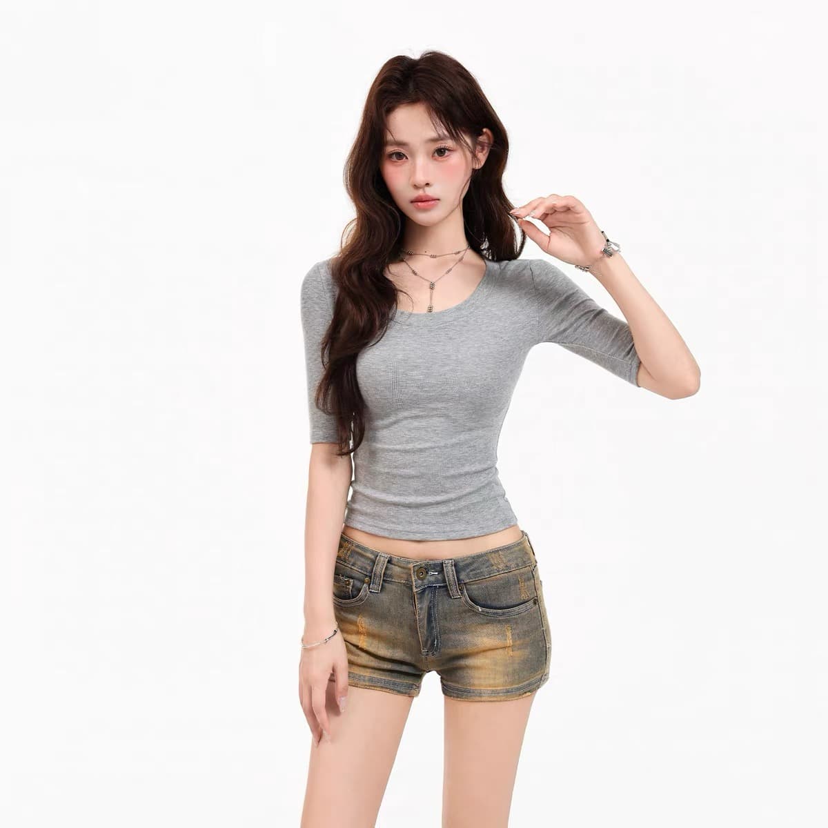 검정색 u 칼라 반팔 티셔츠 여성 2026 새로운 여름 핫걸 몸매 가꾸기 긍정적 인 어깨 미니멀리즘 인사이드 잡아라. 의류 이미지 5
