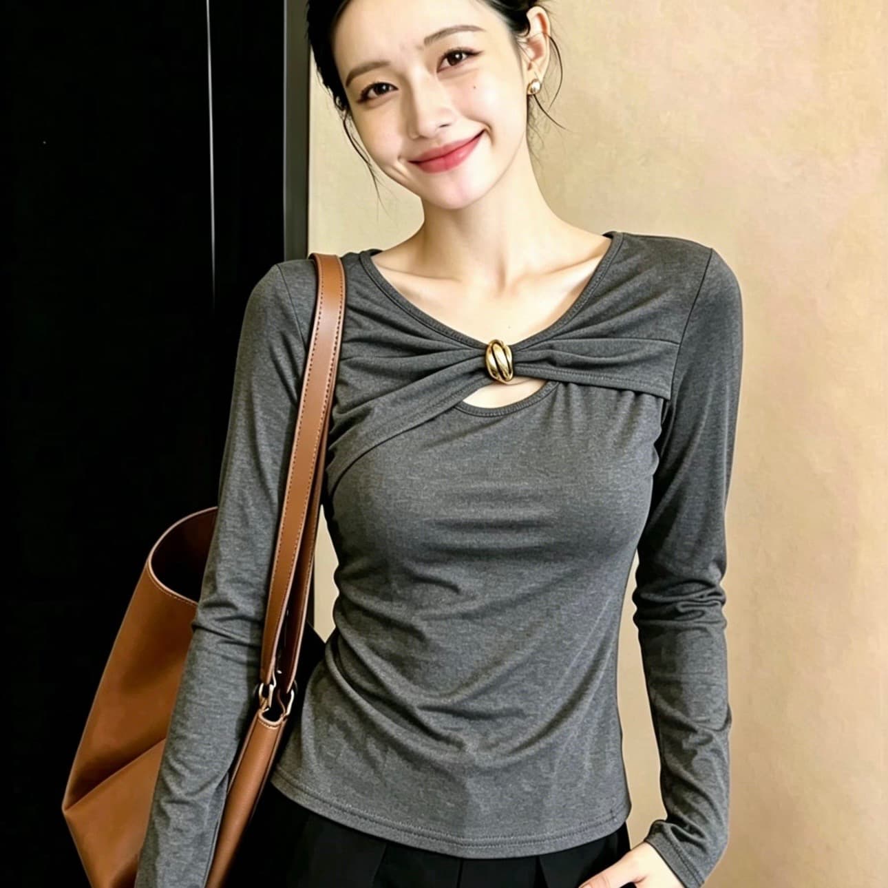 핫걸 바람 2026 가을 새로운 불규칙 긴팔 티셔츠 여성 의류 작은 키 몸매 가꾸기 슬림해 보이는 기본 셔츠 맨위 이미지 5