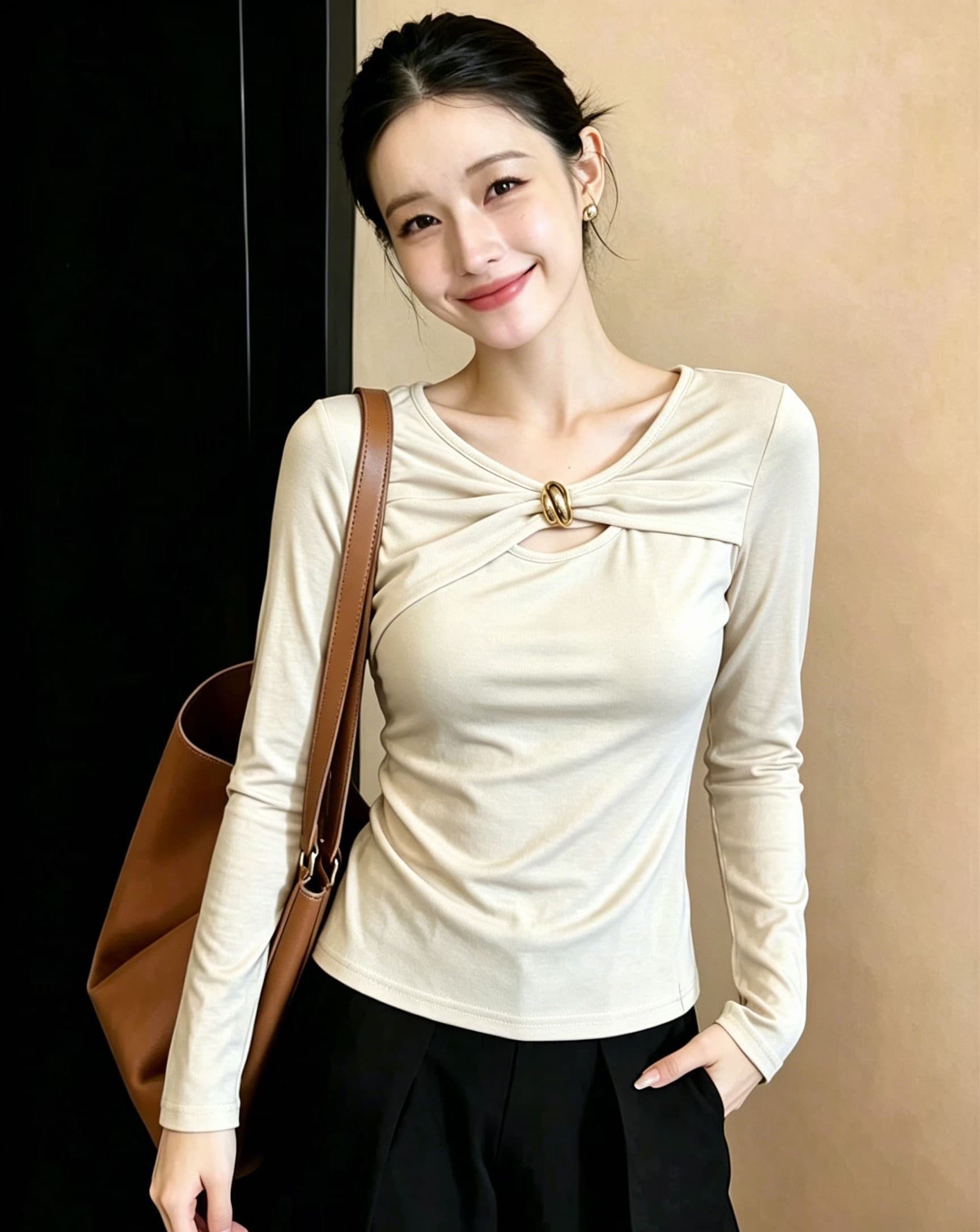 핫걸 바람 2026 가을 새로운 불규칙 긴팔 티셔츠 여성 의류 작은 키 몸매 가꾸기 슬림해 보이는 기본 셔츠 맨위 상세 이미지 2