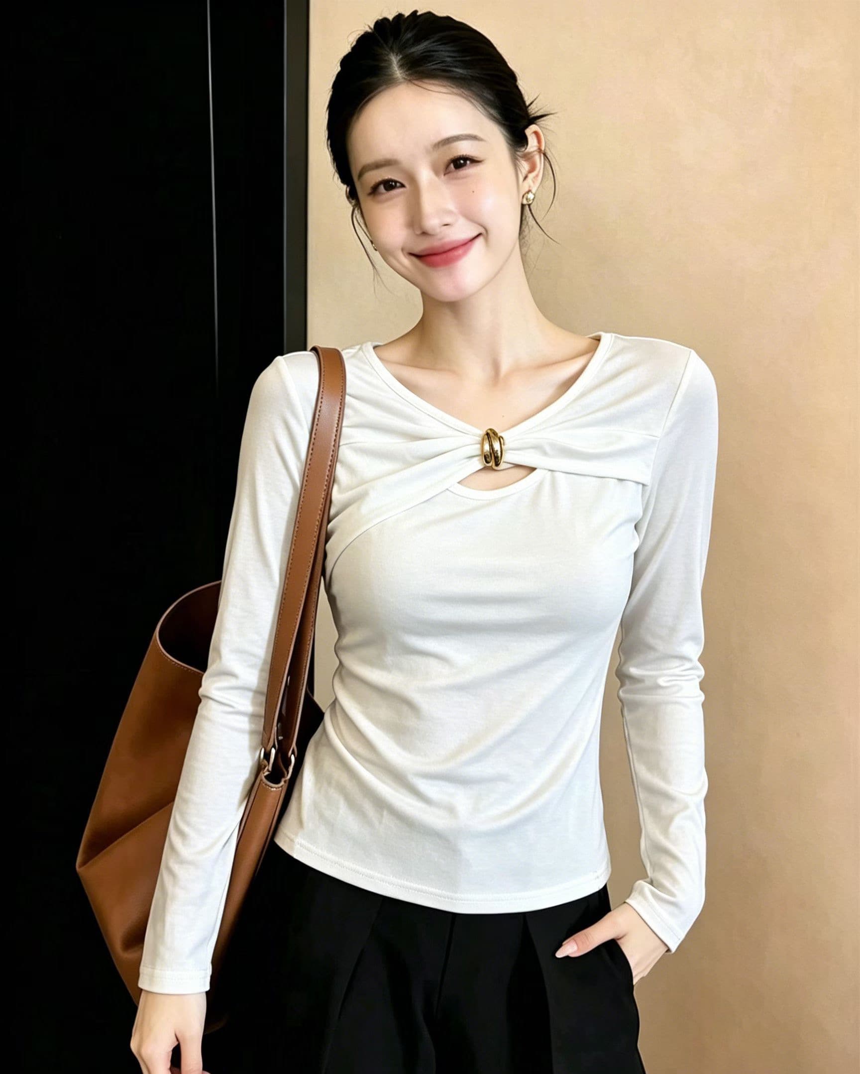 핫걸 바람 2026 가을 새로운 불규칙 긴팔 티셔츠 여성 의류 작은 키 몸매 가꾸기 슬림해 보이는 기본 셔츠 맨위 상세 이미지 7