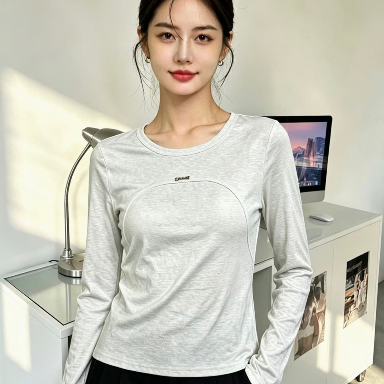 프랑스식 미니멀리즘 디자인 센스 작은 대중 화이트 티셔츠 만나는 인사이드 가져 가라. 니트 스웨터 여성 이른 가을 스택 착용 몸매 가꾸기 맨위 얇은 상세 이미지 1