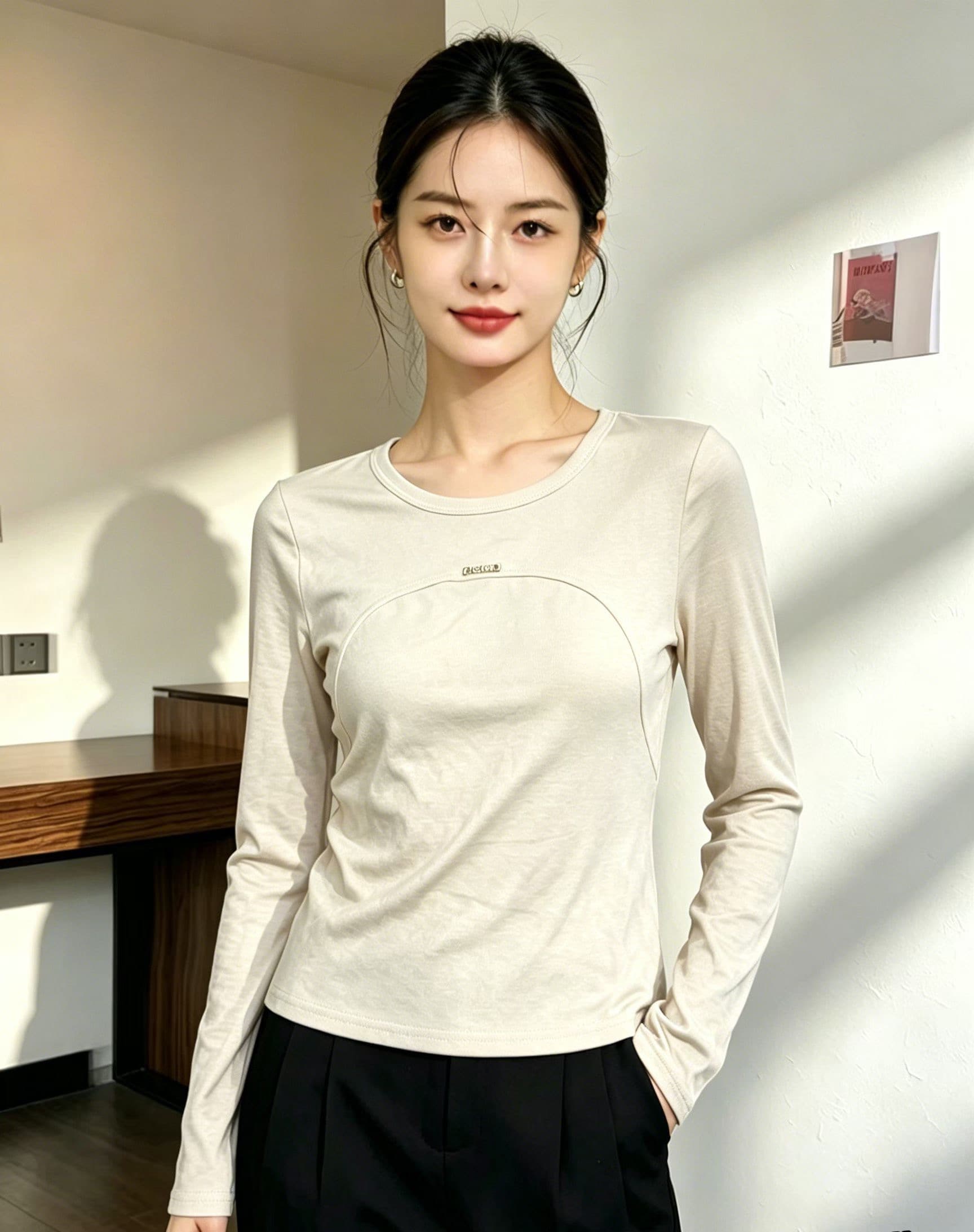 프랑스식 미니멀리즘 디자인 센스 작은 대중 화이트 티셔츠 만나는 인사이드 가져 가라. 니트 스웨터 여성 이른 가을 스택 착용 몸매 가꾸기 맨위 얇은 상세 이미지 2
