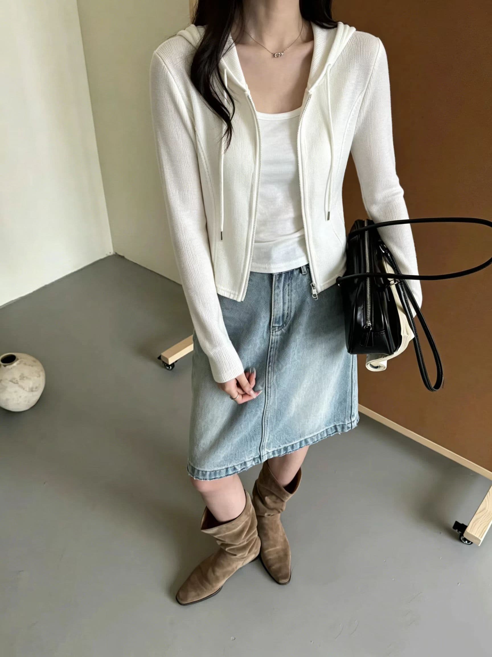더블 머리 지퍼 후드 오픈 가디건 자외선 차단 의류 여성 가을 새로운 순수한 욕망 바람 페이크 레이어드 디자인 허리 수축 슬림해 보이는 맨위 이미지 2