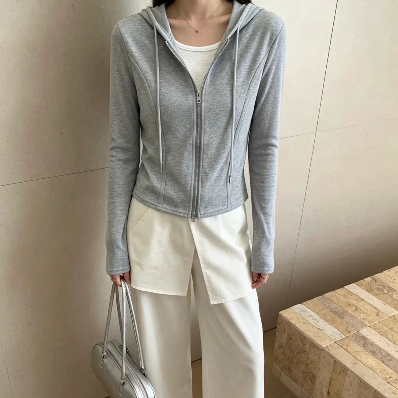 더블 머리 지퍼 후드 오픈 가디건 자외선 차단 의류 여성 가을 새로운 순수한 욕망 바람 페이크 레이어드 디자인 허리 수축 슬림해 보이는 맨위 상세 이미지 1