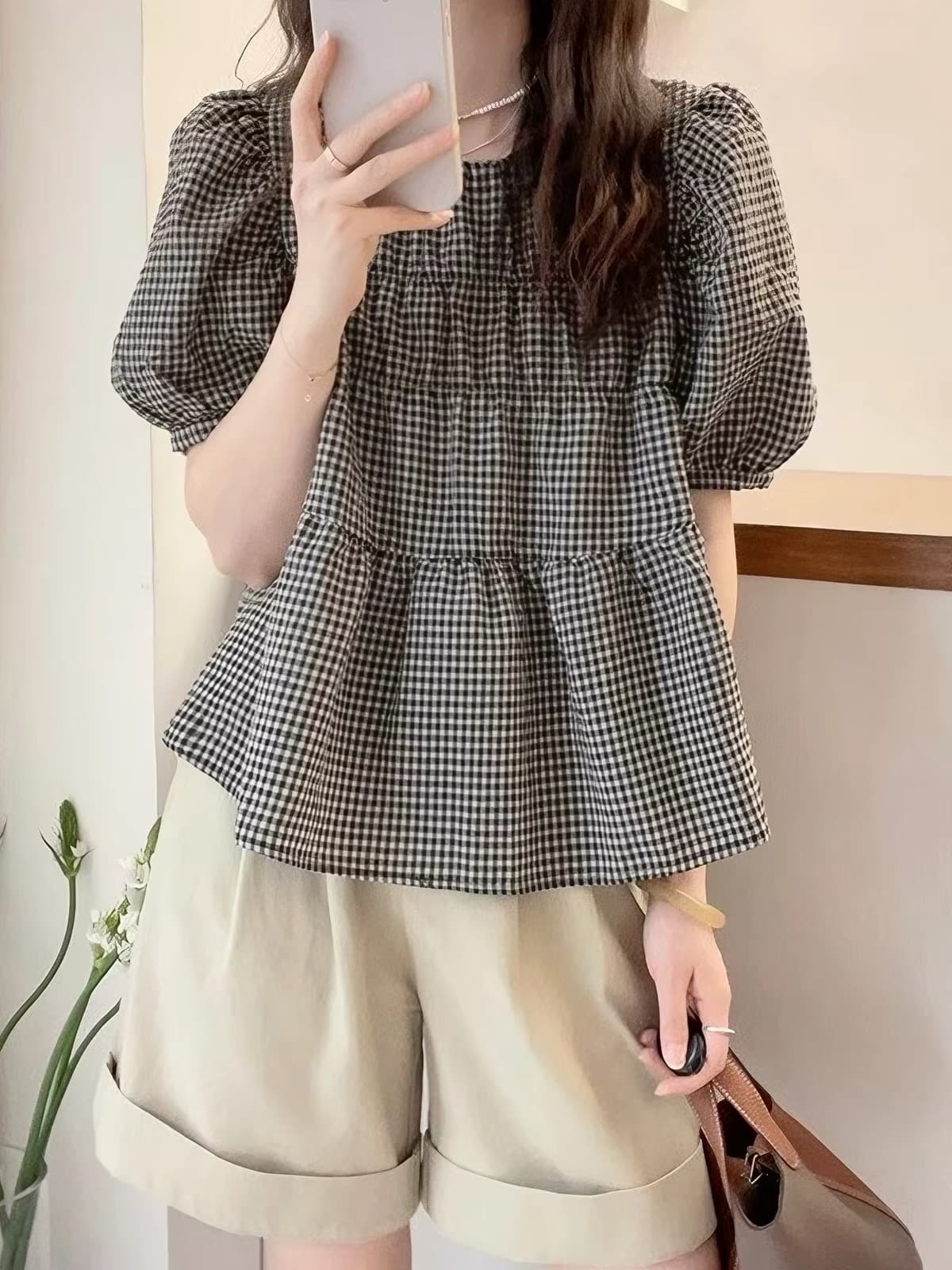 체크무늬 반팔 여성 셔츠 여름 섹션 Chic 아름다운 프랑스식 고급 센스 빛 요리 한 작은 대중 거품 소매 인형 셔츠 맨위 상세 이미지 1