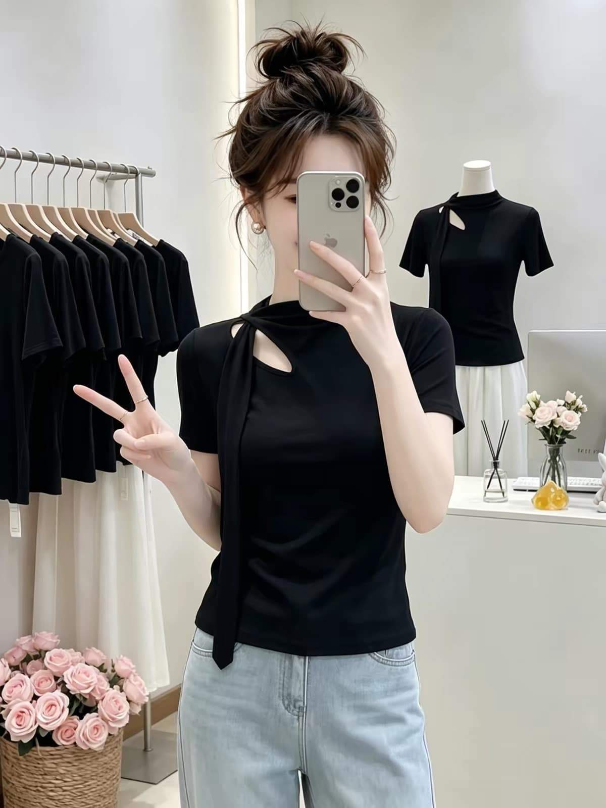 여름 자이언트 잘 생긴 ~ 중 검정색 홀로우 아웃 리본 긍정적 인 어깨 반팔 티셔츠 여성 고유 한 아름다운 아니요 명중 섹션 아름다운 맨위
