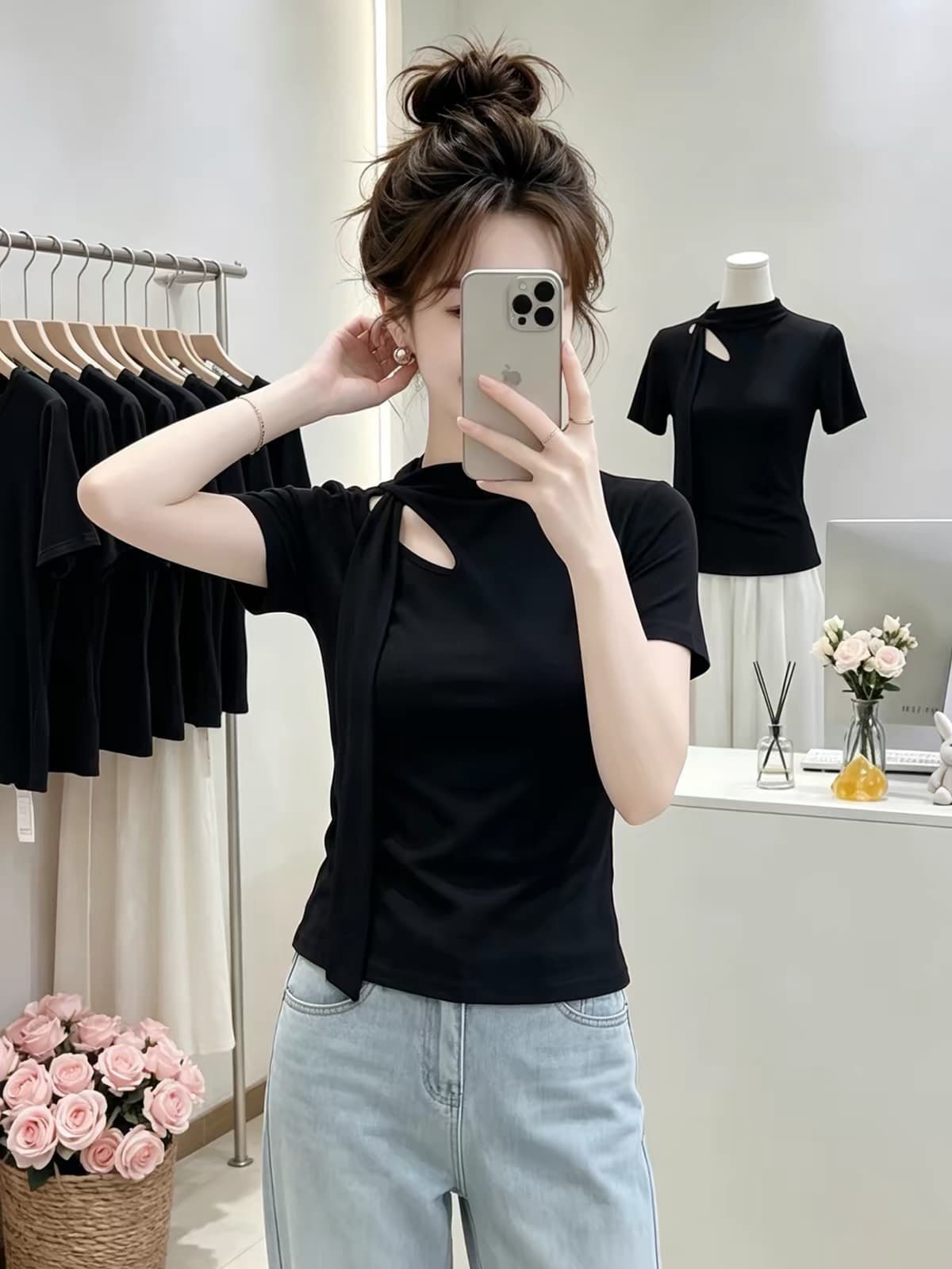 여름 자이언트 잘 생긴 ~ 중 검정색 홀로우 아웃 리본 긍정적 인 어깨 반팔 티셔츠 여성 고유 한 아름다운 아니요 명중 섹션 아름다운 맨위 상세 이미지 3